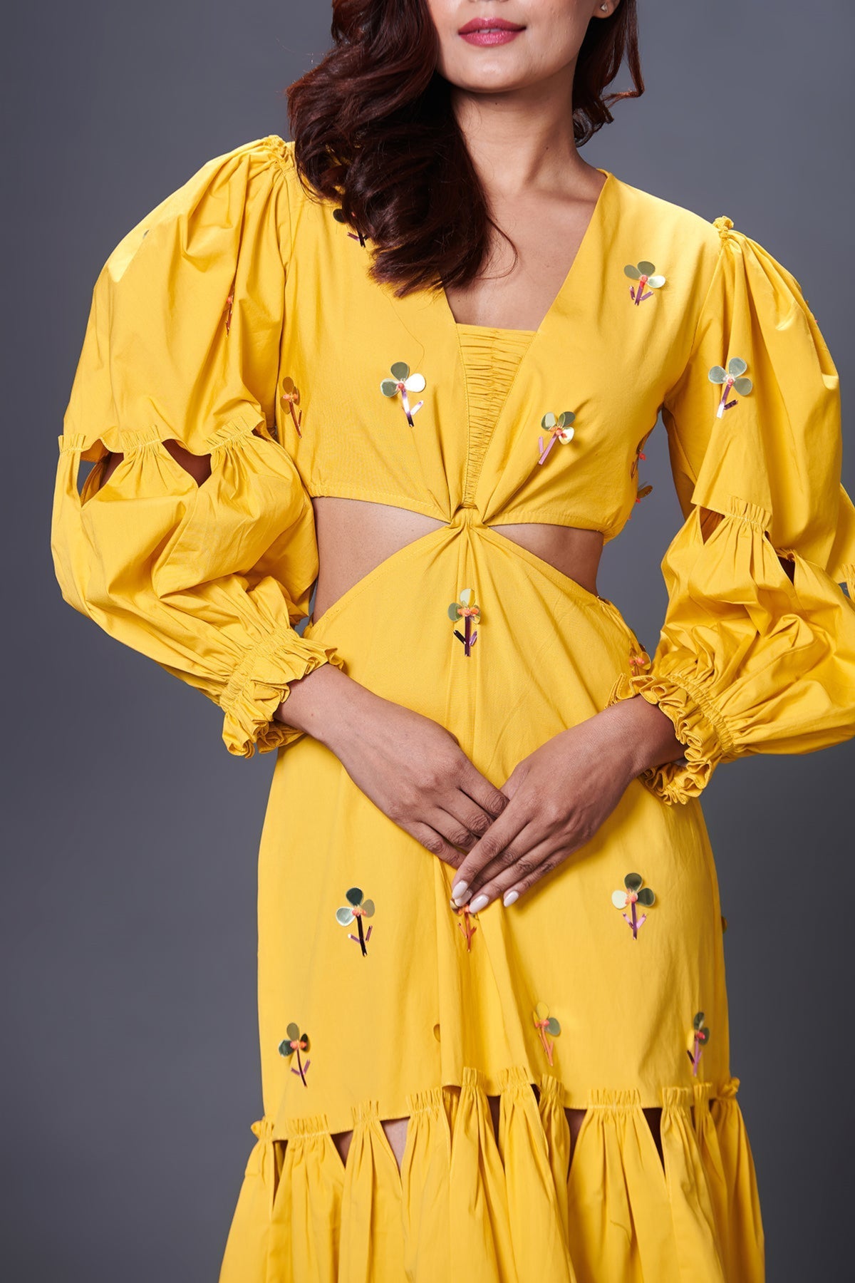 Yellow Cutout Dress With Puffed Sleeves