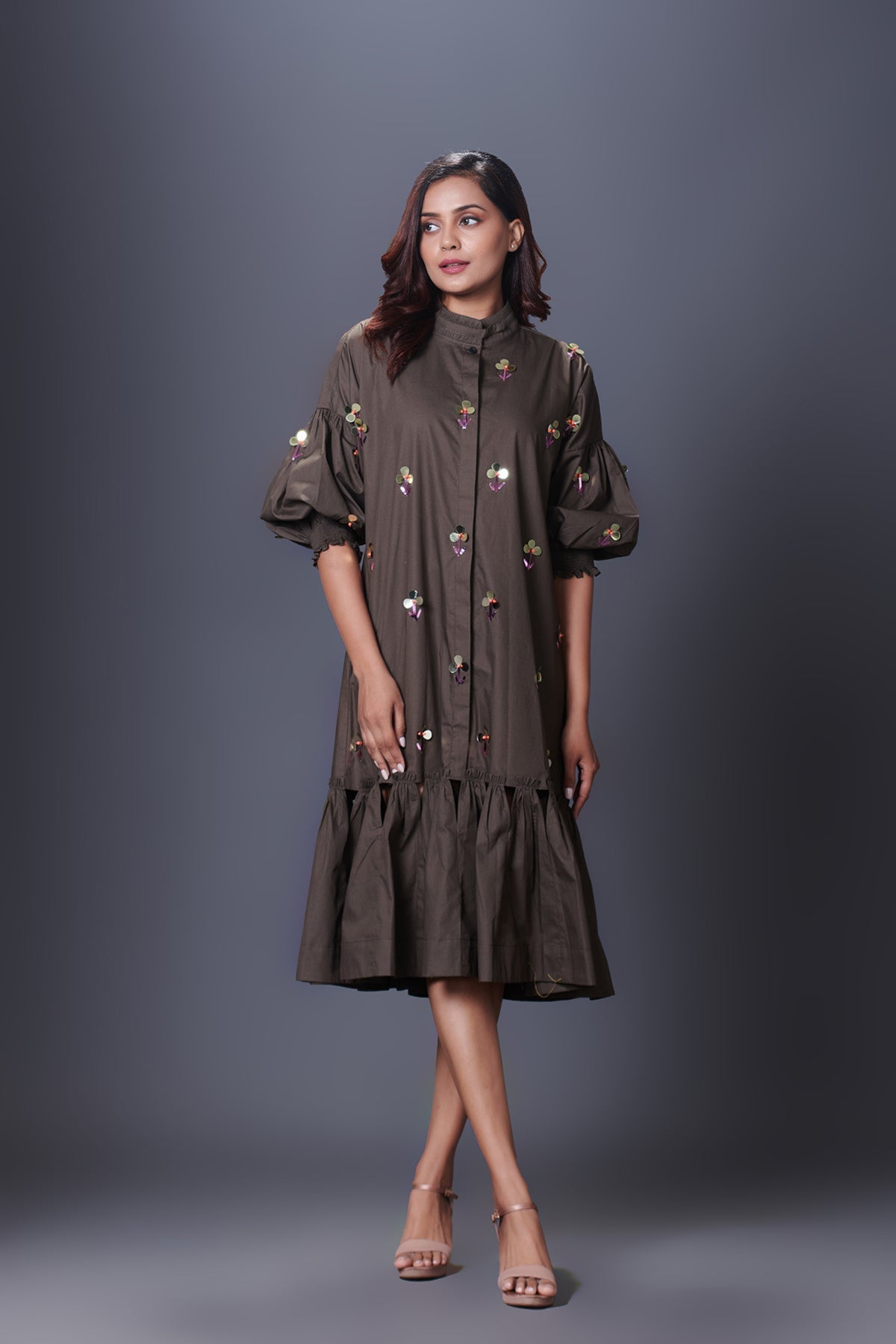 Olive Green Chinese Collar Puffed Dress