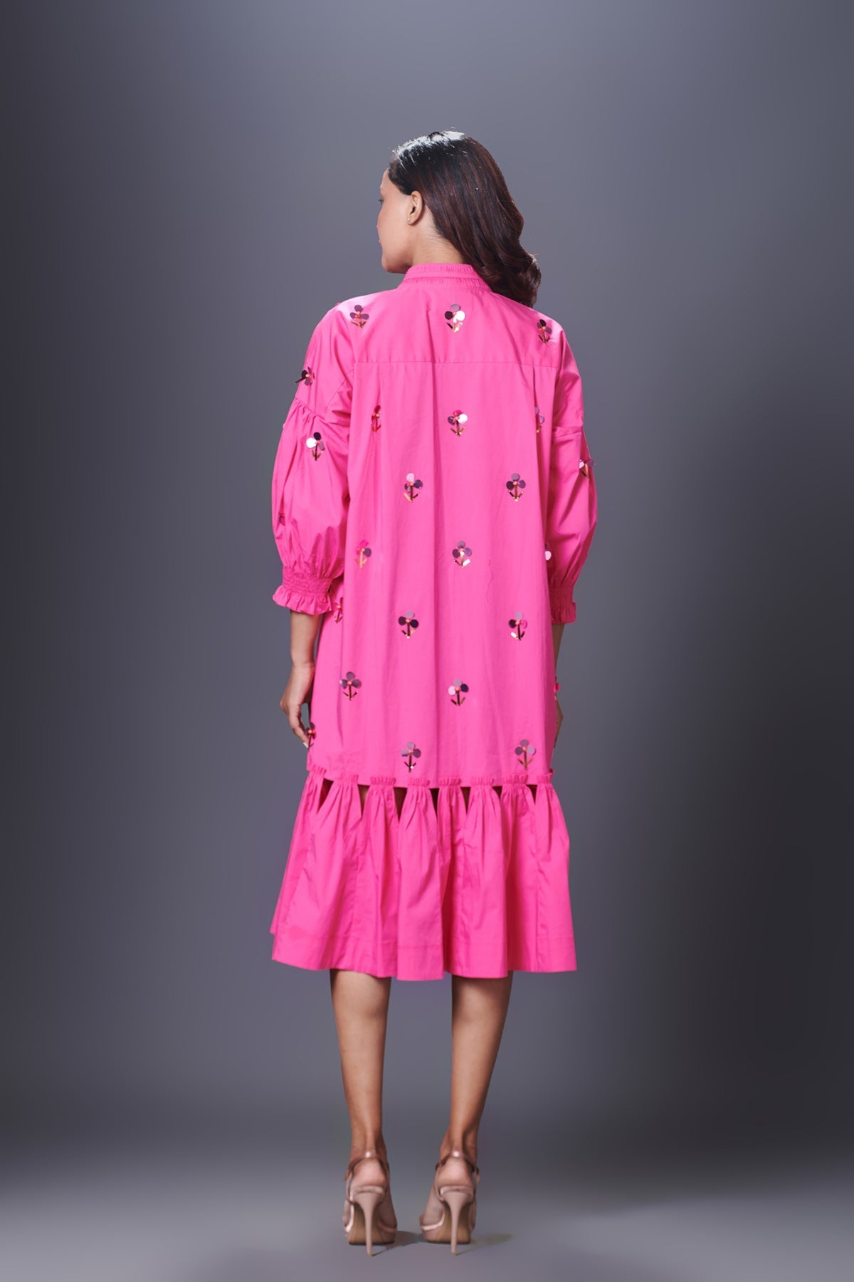 Pink Chinese Collar Puffed Dress