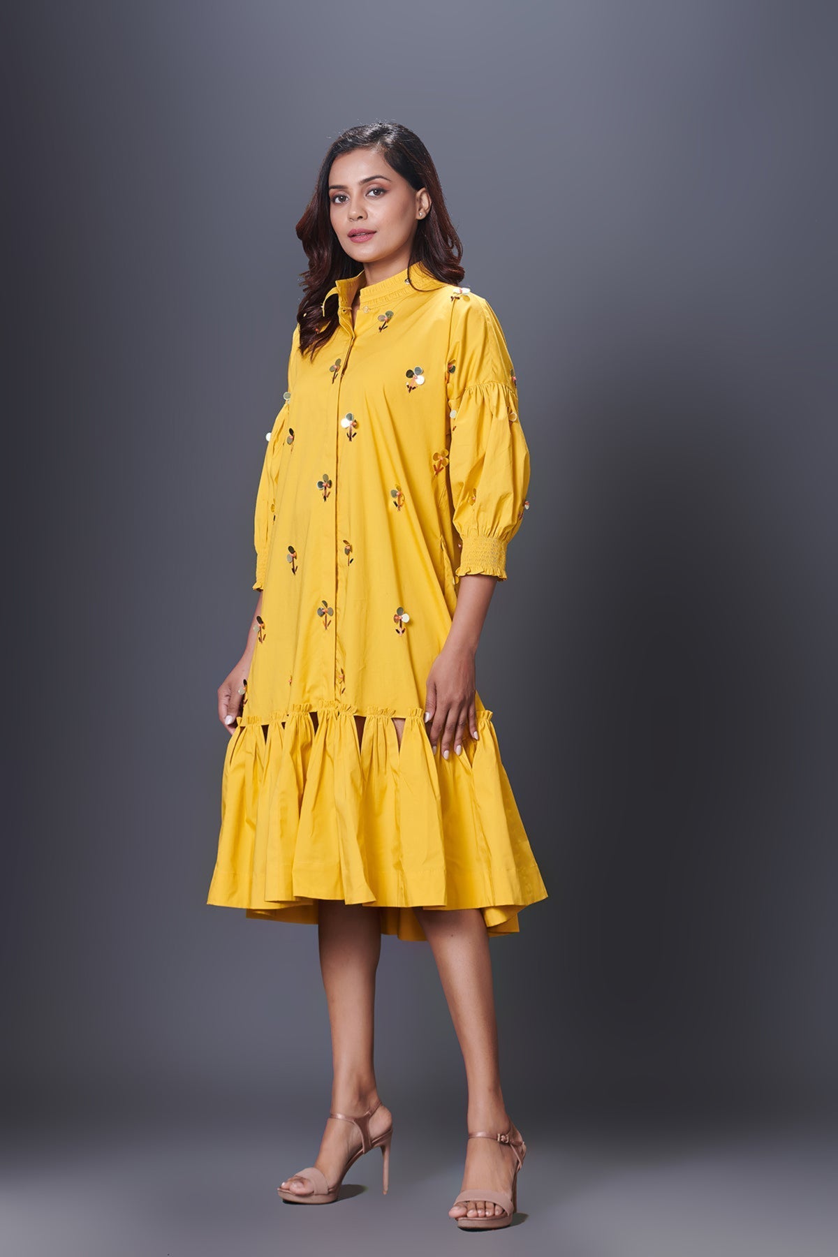 Yellow Chinese Collar Puffed Dress