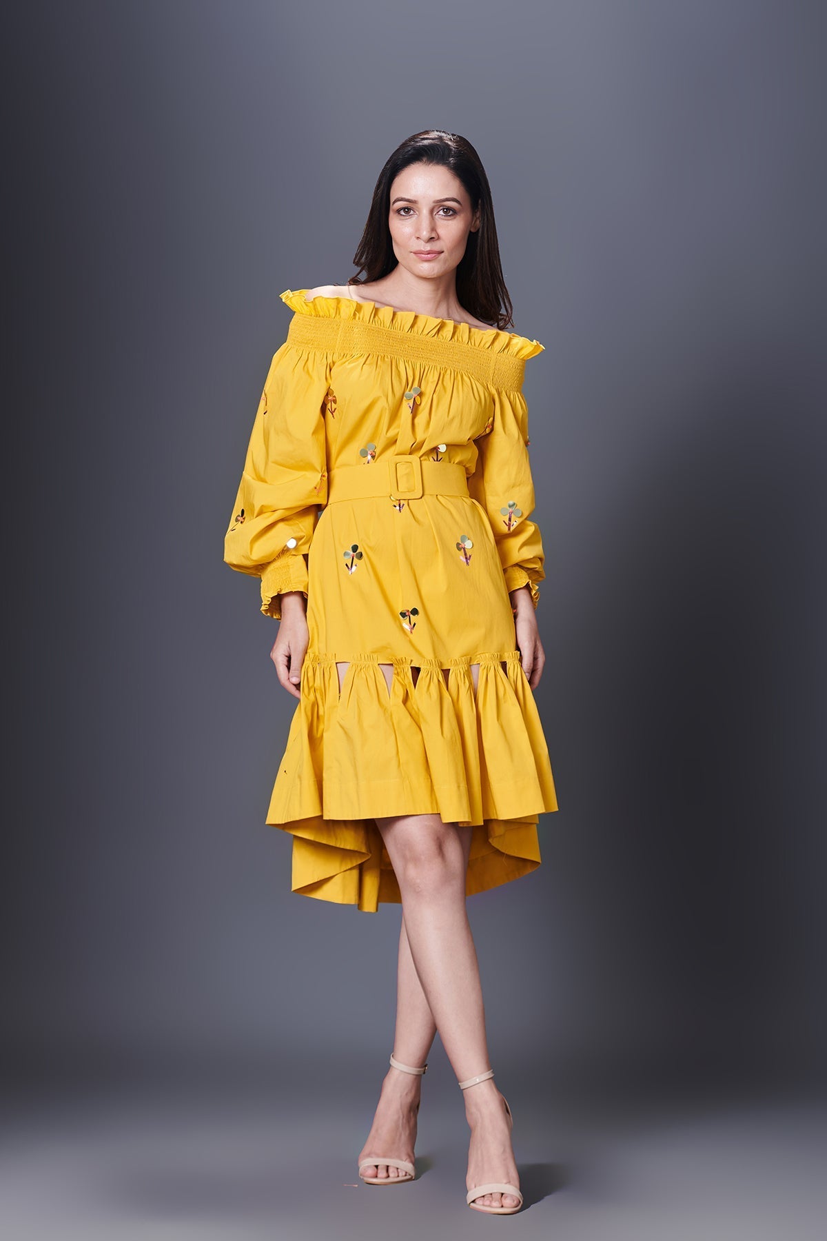 Yellow High-Low Dress With Belt