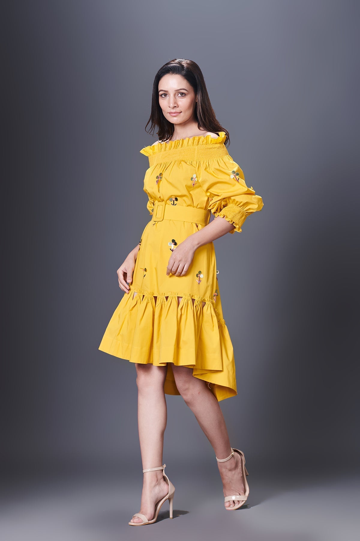 Yellow High-Low Dress With Belt