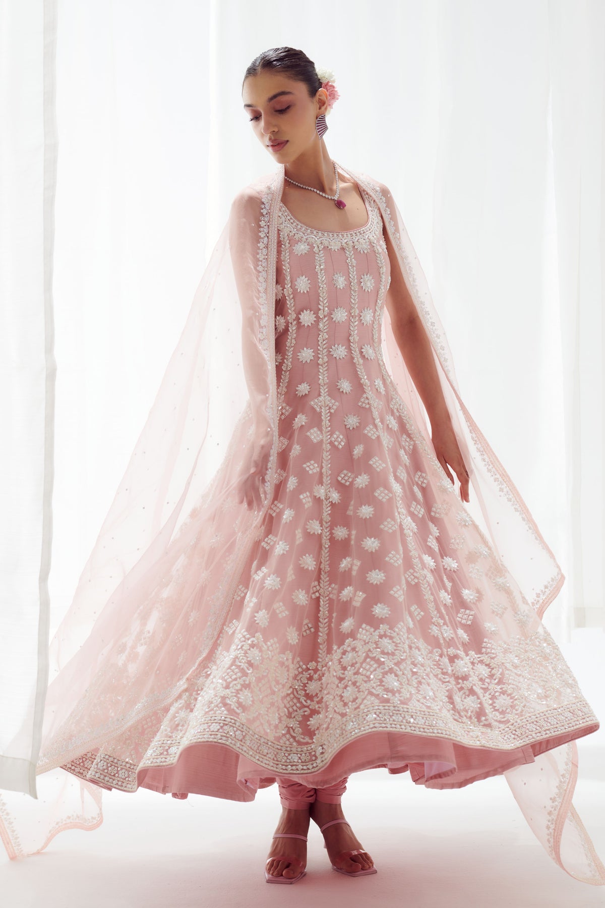 Pink Net Anarkali Set