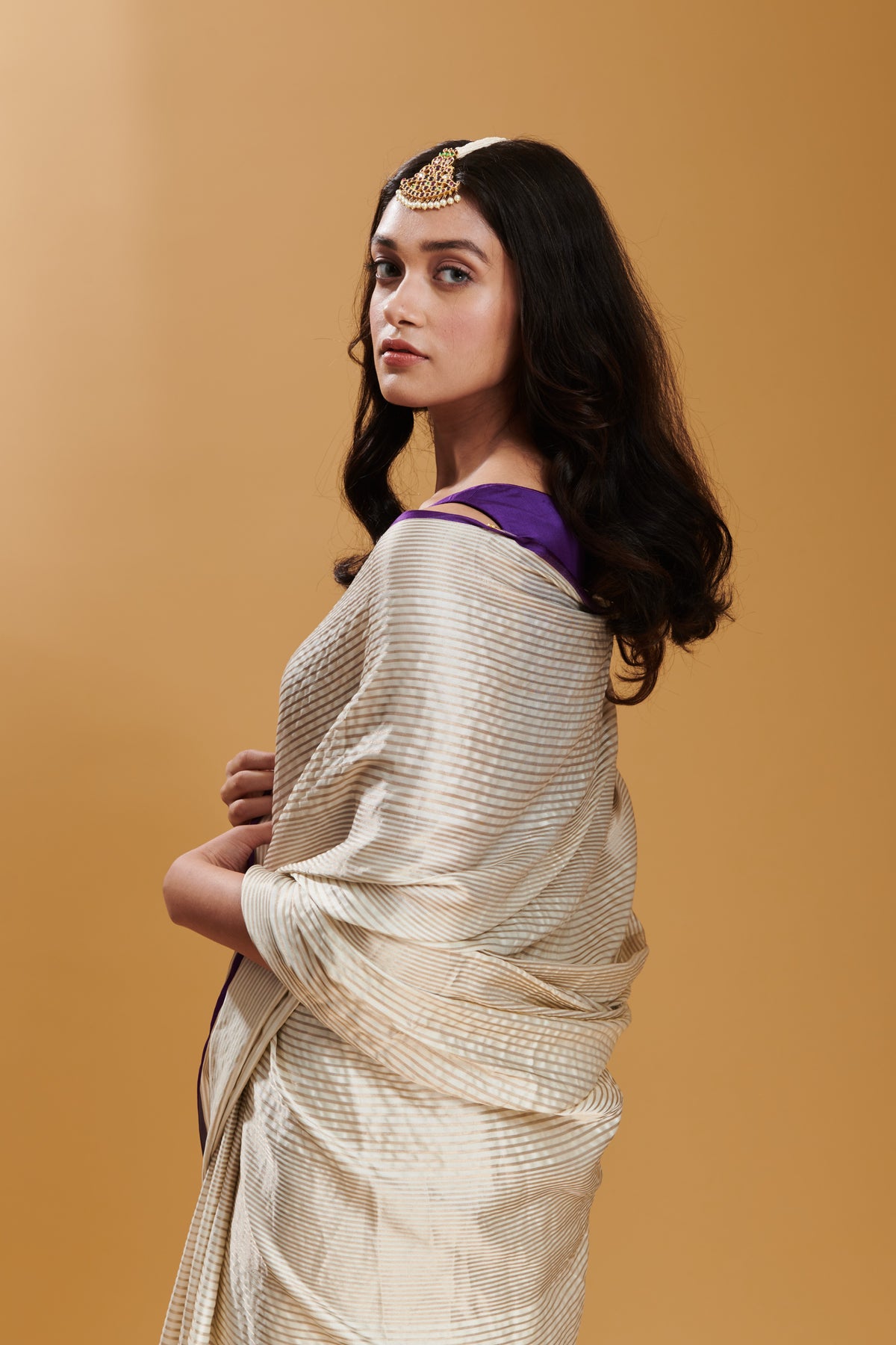 Ivory Silken Ripples Silk Satin Saree