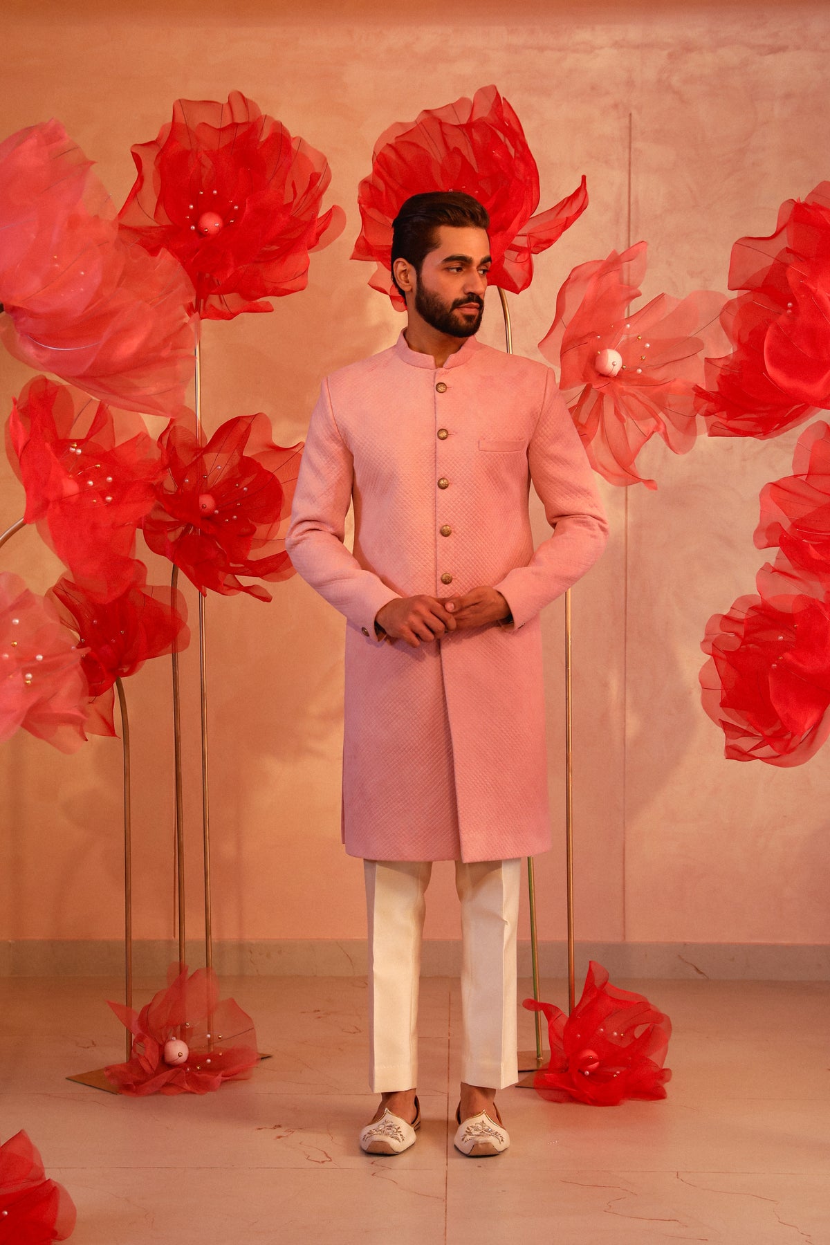 Pastel pink quiltted sherwani