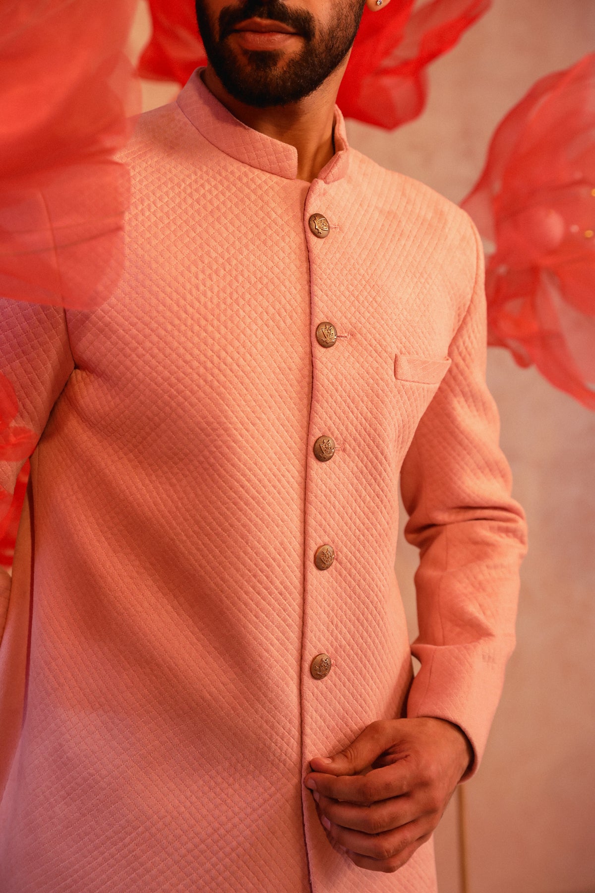 Pastel pink quiltted sherwani