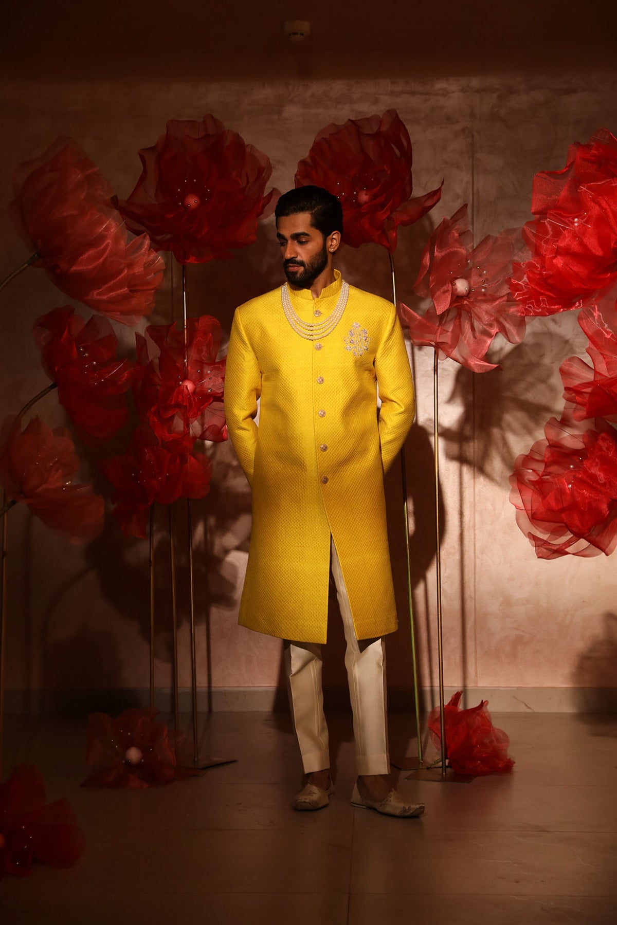 Yellow quiltted sherwani set