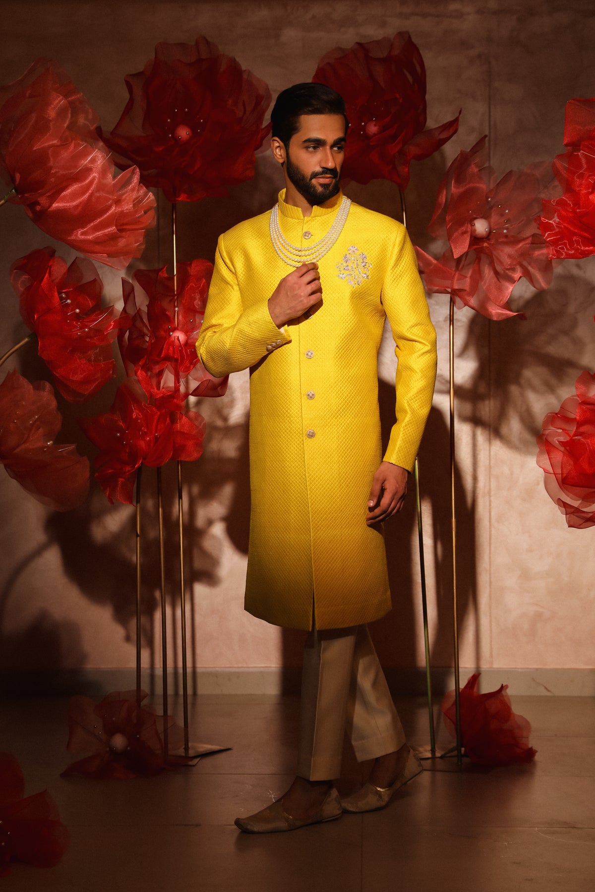 Yellow quiltted sherwani set