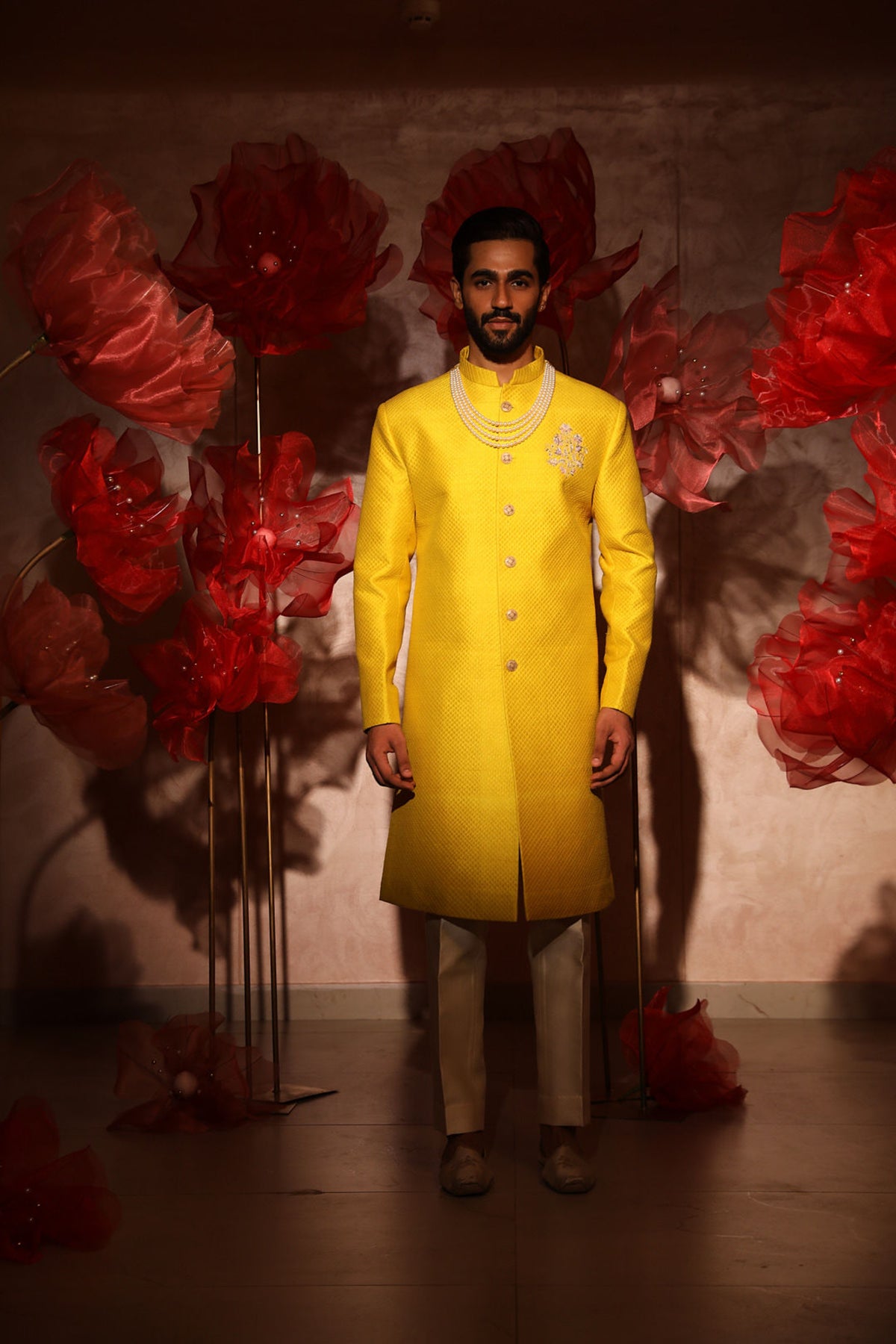 Yellow quiltted sherwani set