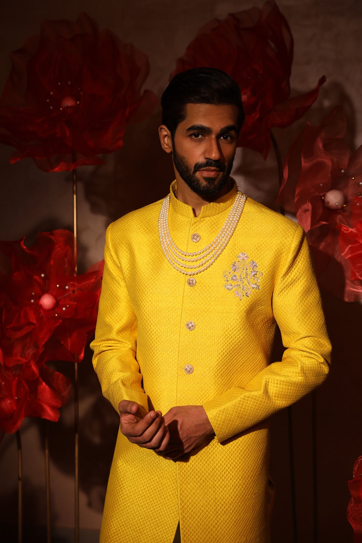 Yellow quiltted sherwani set