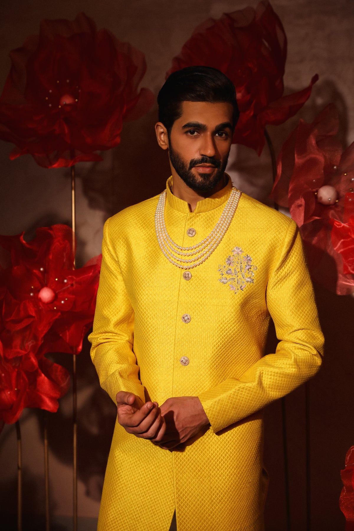 Yellow quiltted sherwani set