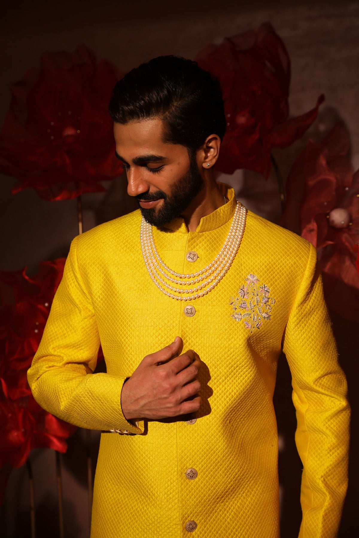 Yellow quiltted sherwani set