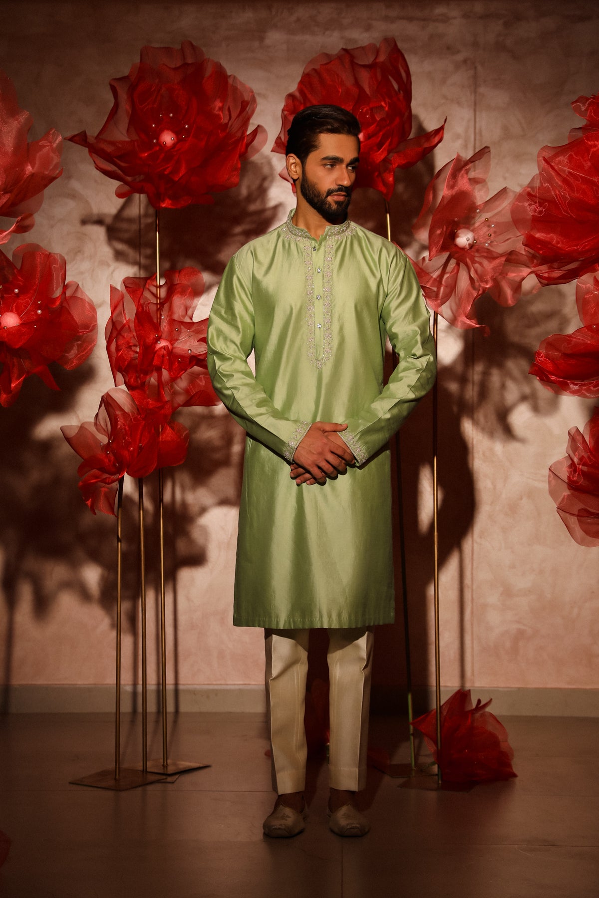 Green embroided kurta set