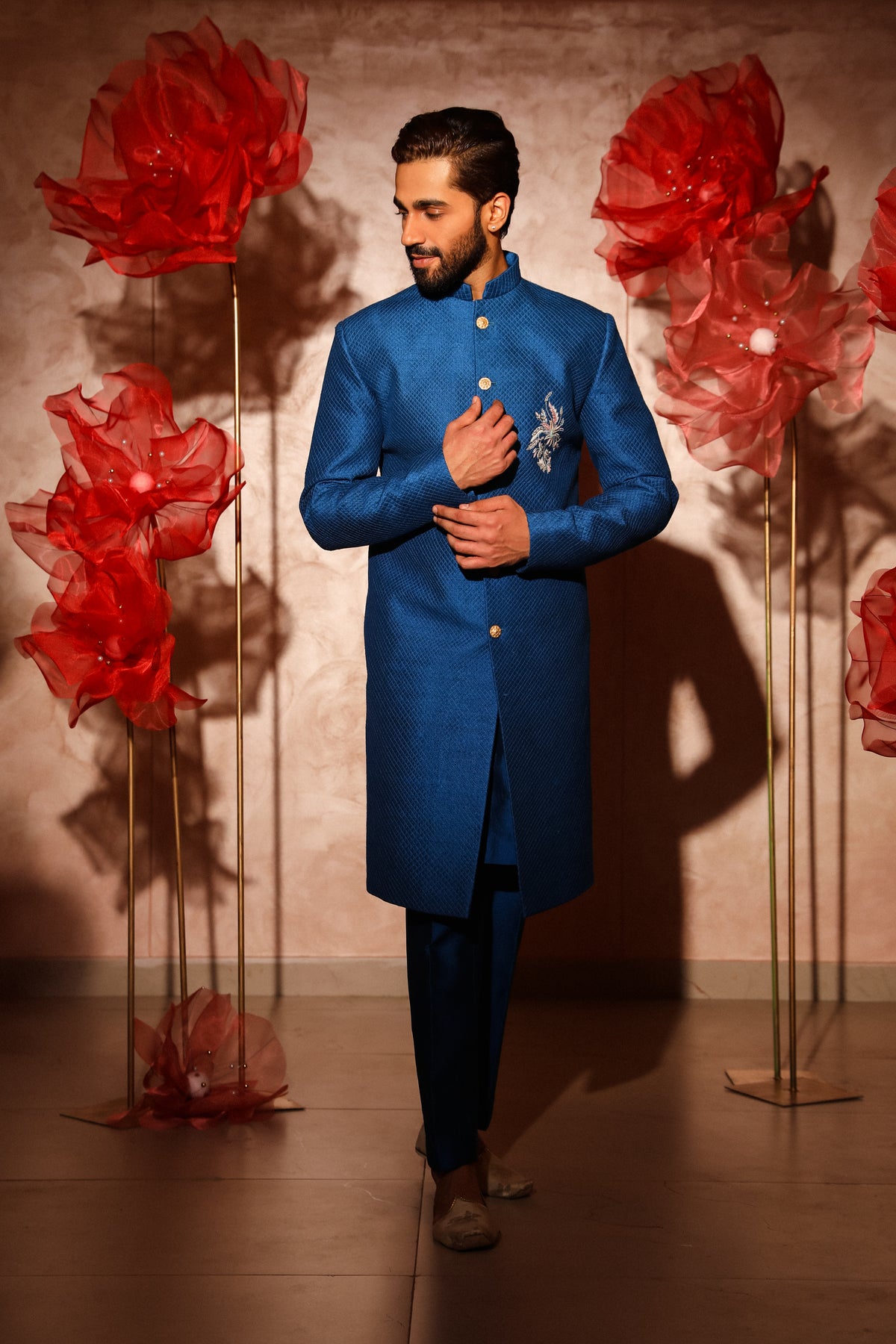 Royal blue quilted sherwani set