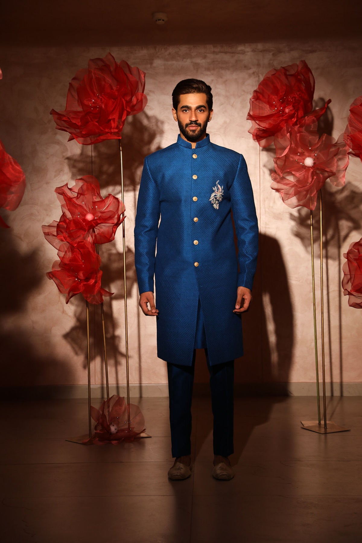 Royal blue quilted sherwani set