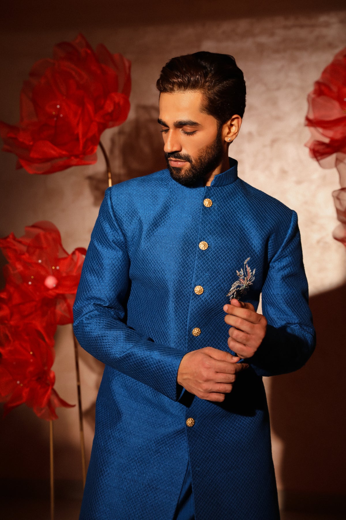Royal blue quilted sherwani set
