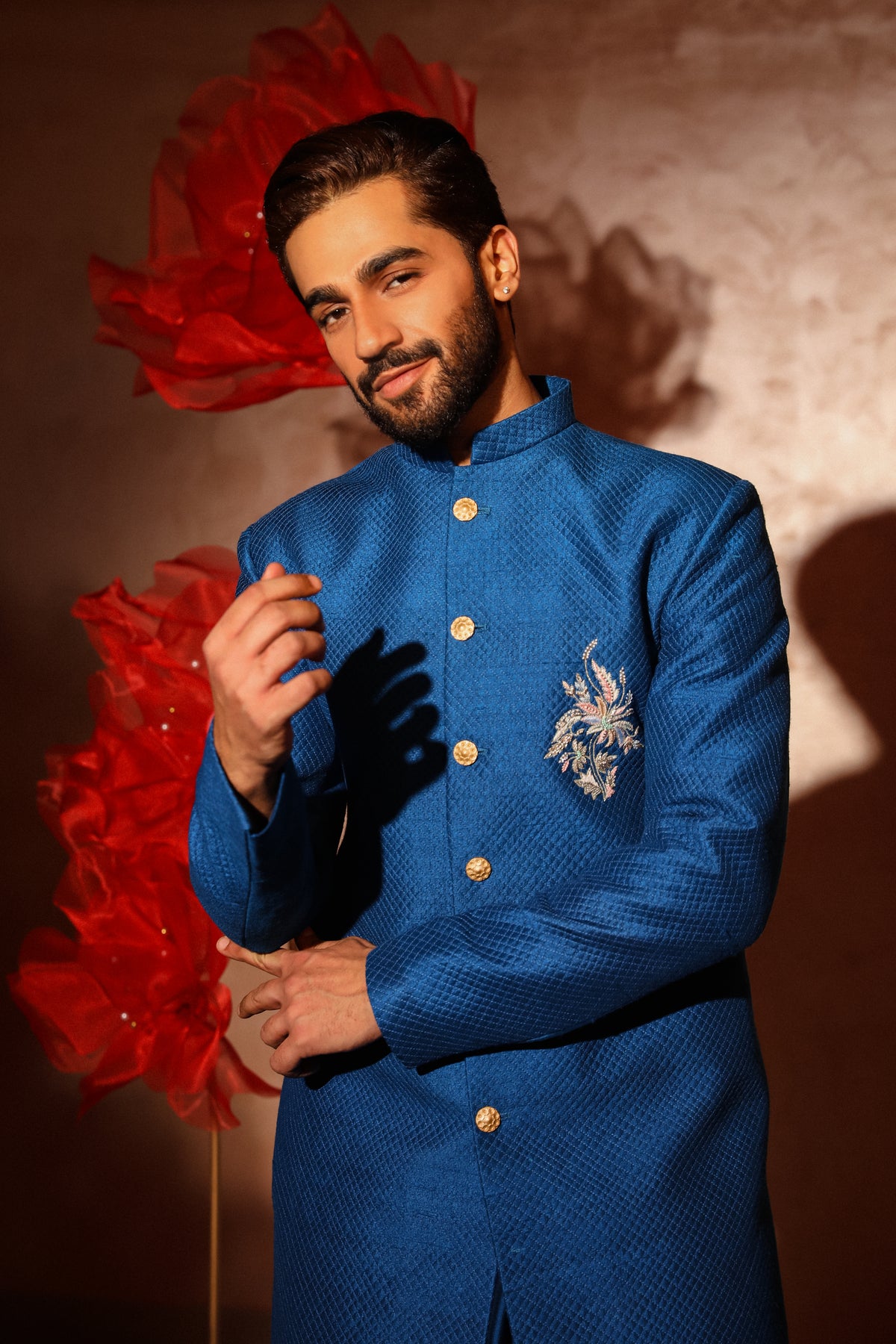 Royal blue quilted sherwani set