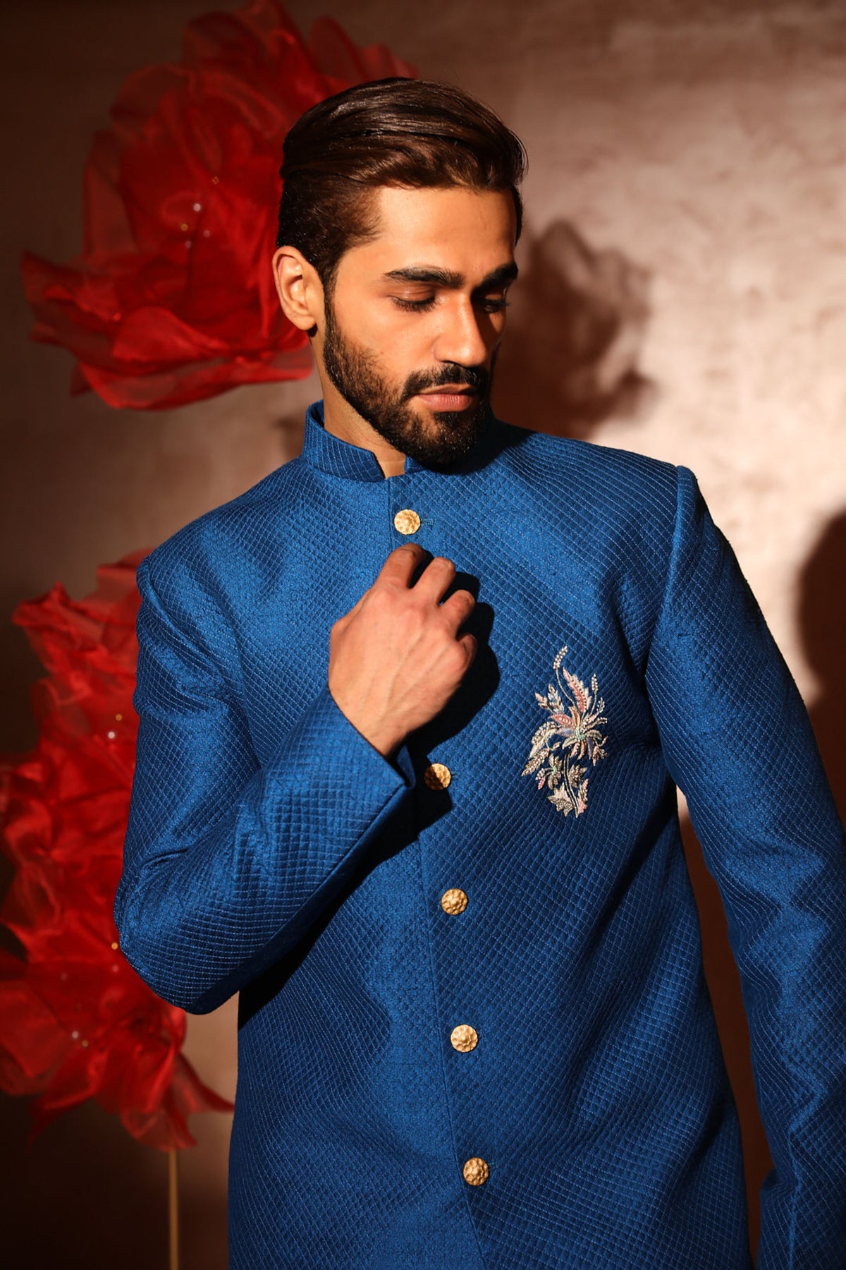Royal blue quilted sherwani set