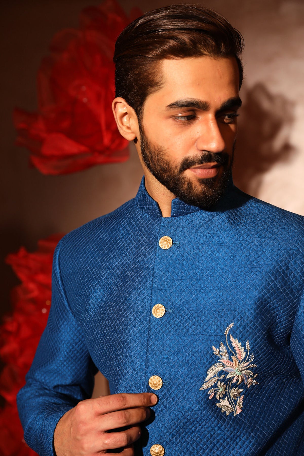 Royal blue quilted sherwani set