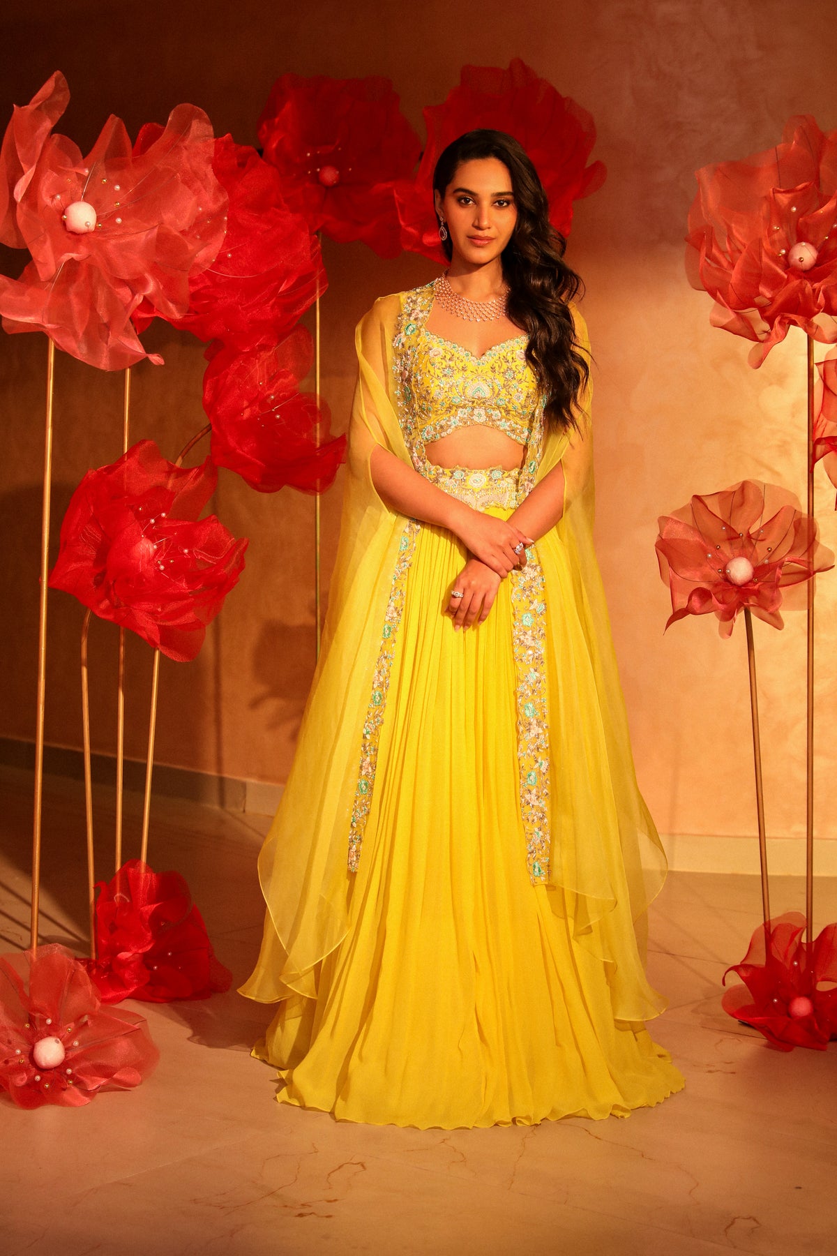 Lemon yellow lehenga and cape set