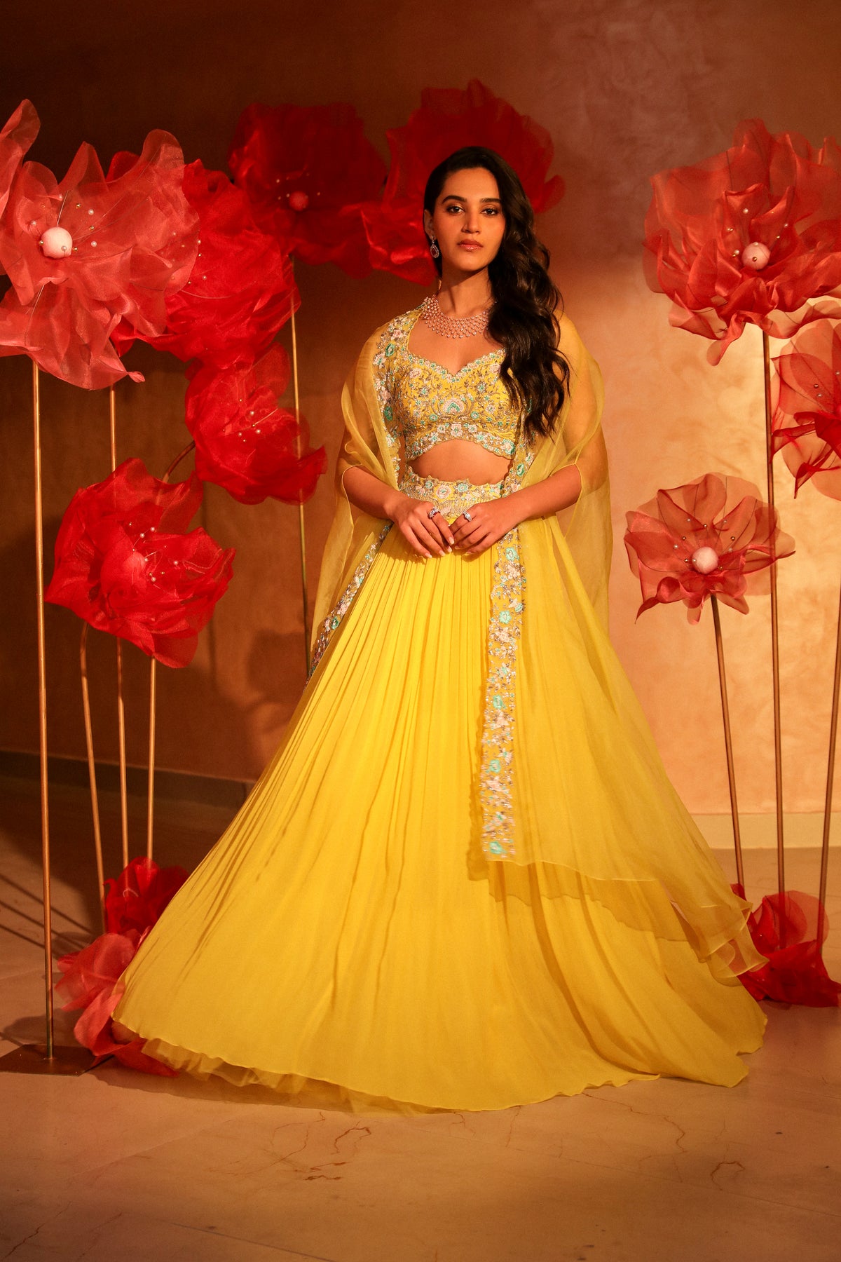 Lemon yellow lehenga and cape set