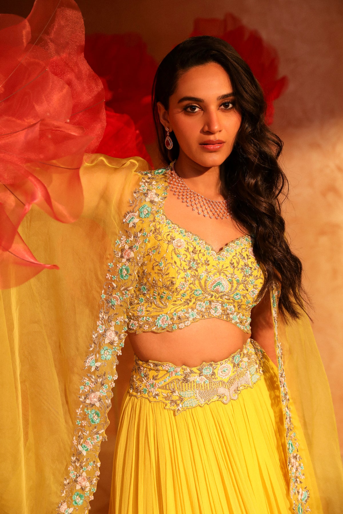 Lemon yellow lehenga and cape set