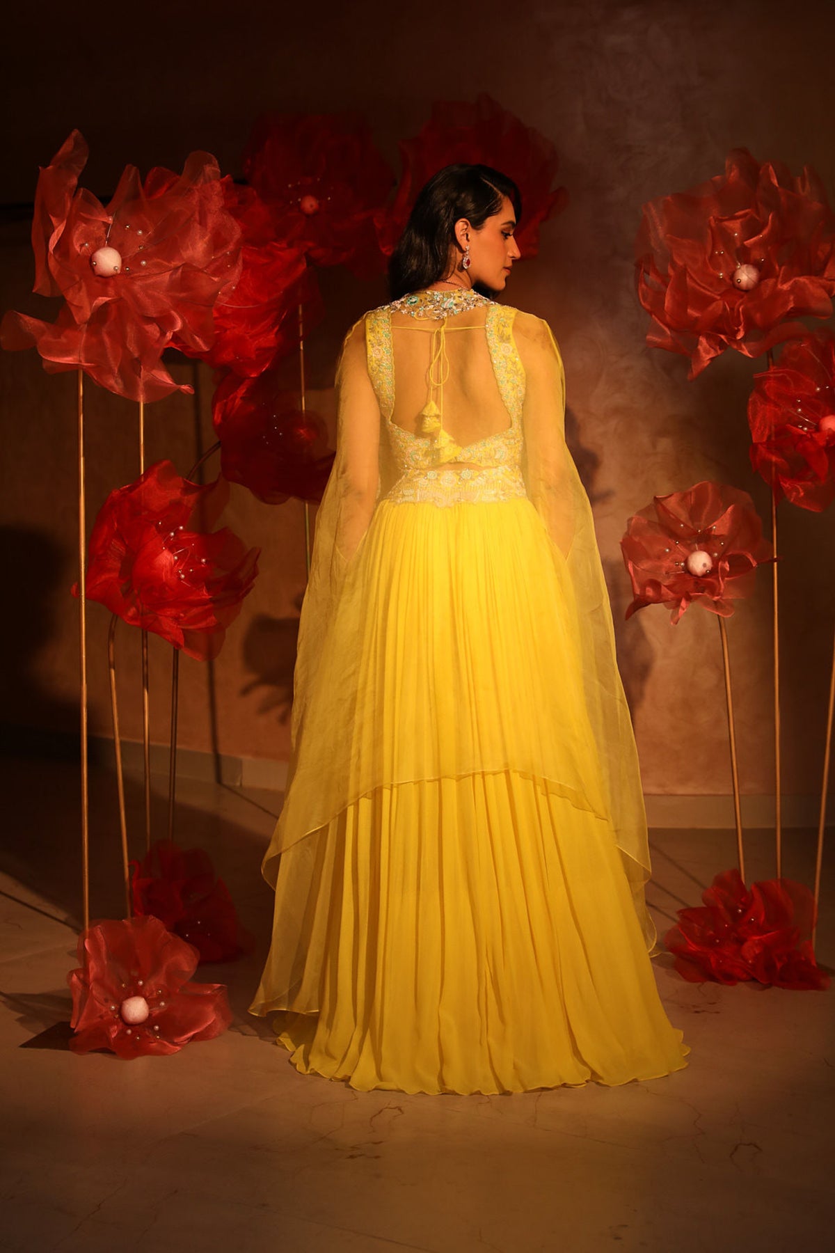 Lemon yellow lehenga and cape set