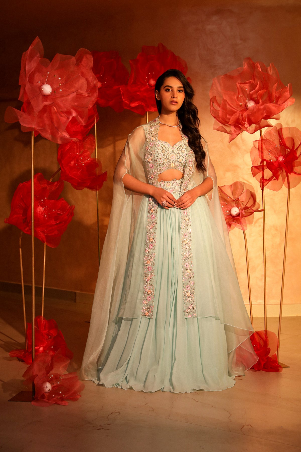 Calming ice blue lehenga and cape set