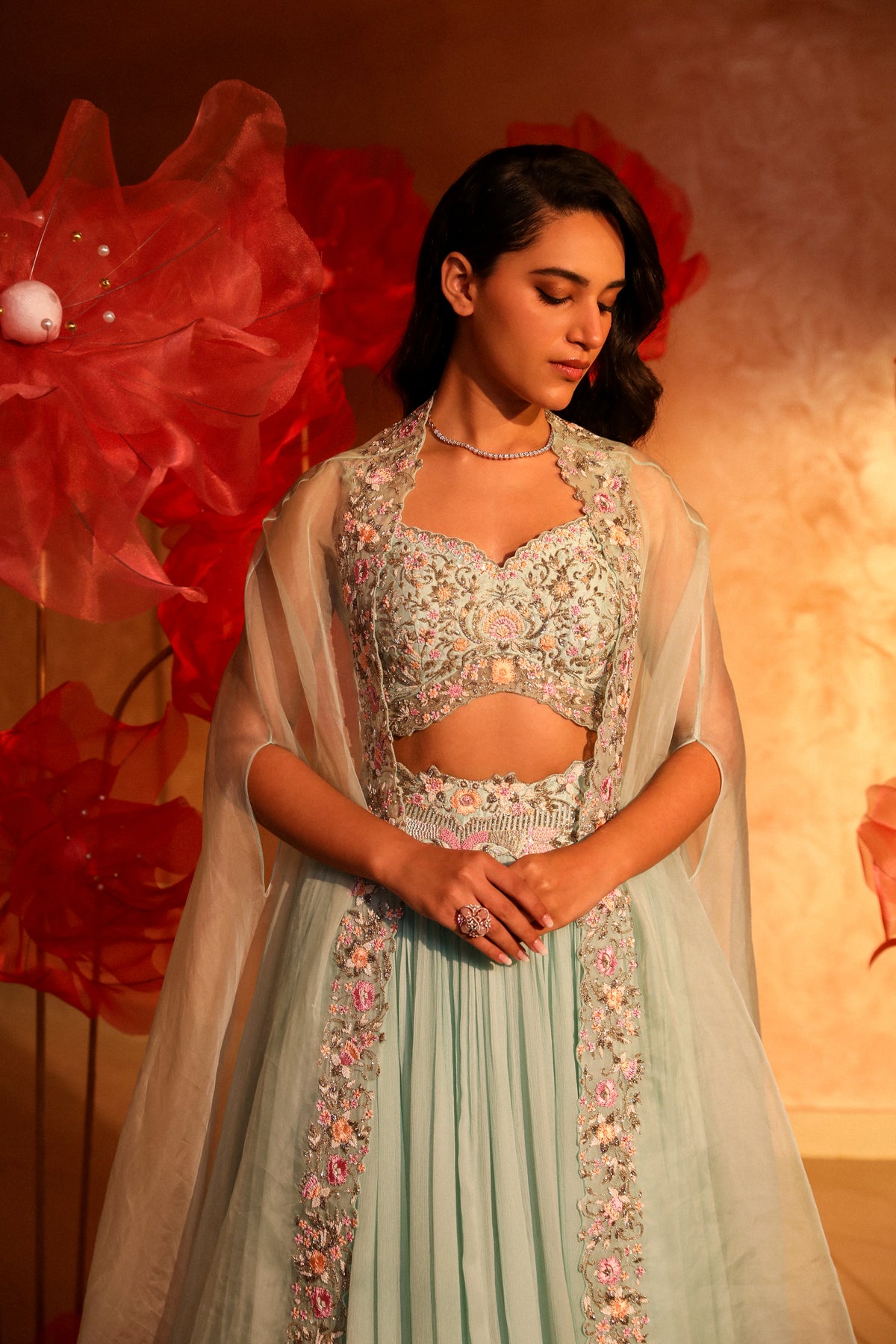 Calming ice blue lehenga and cape set