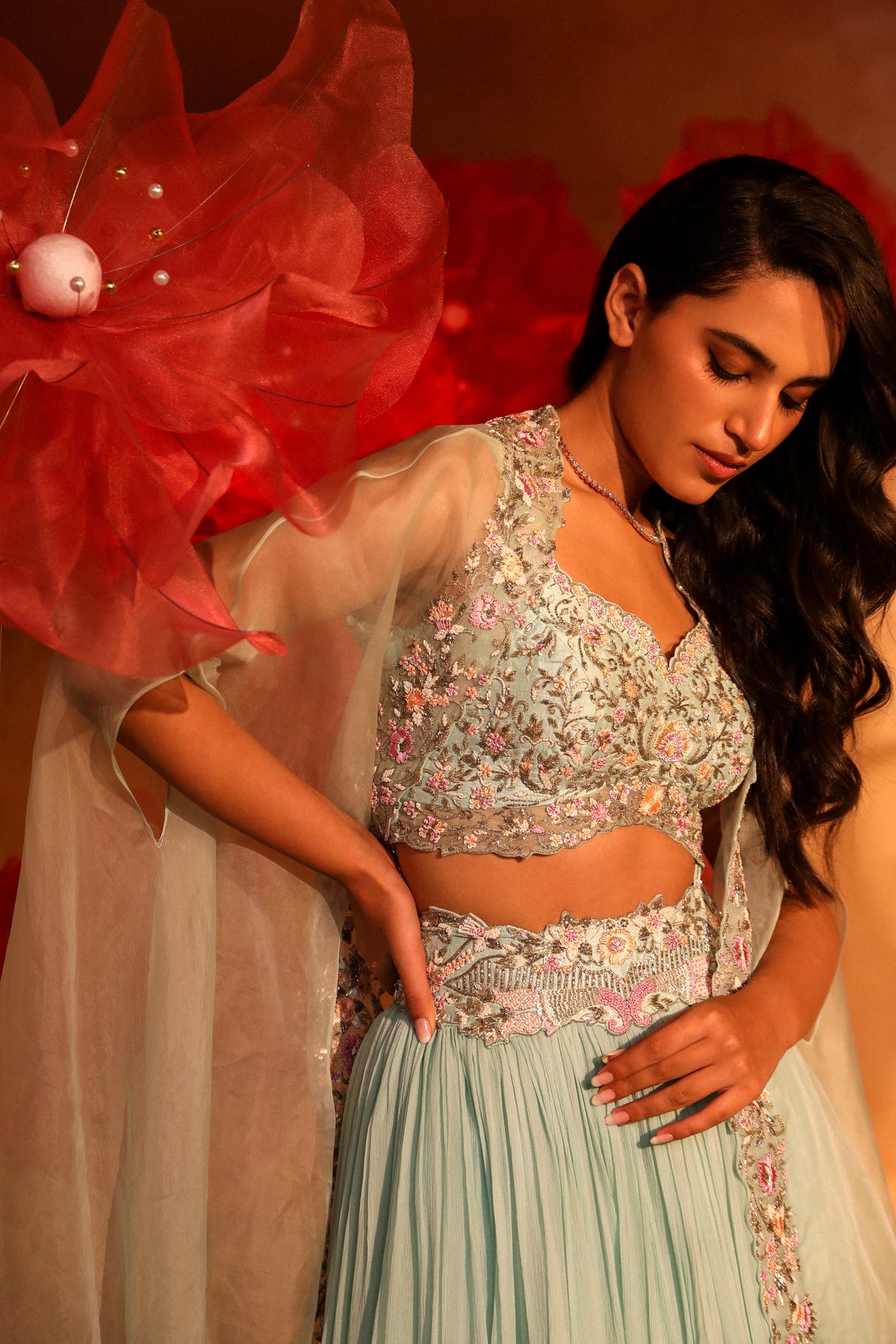 Calming ice blue lehenga and cape set