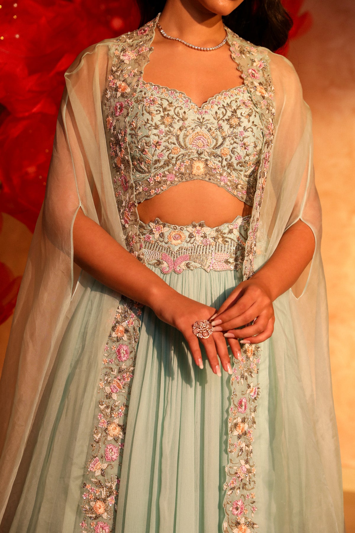 Calming ice blue lehenga and cape set