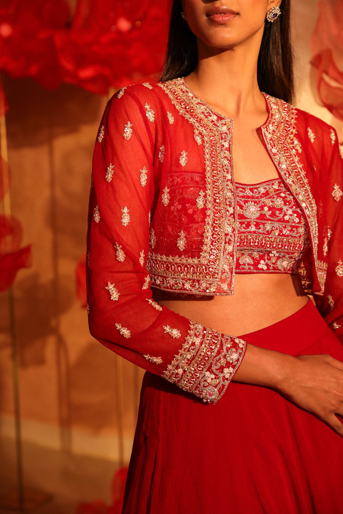 Radiant red lehenga set with embroided jacket