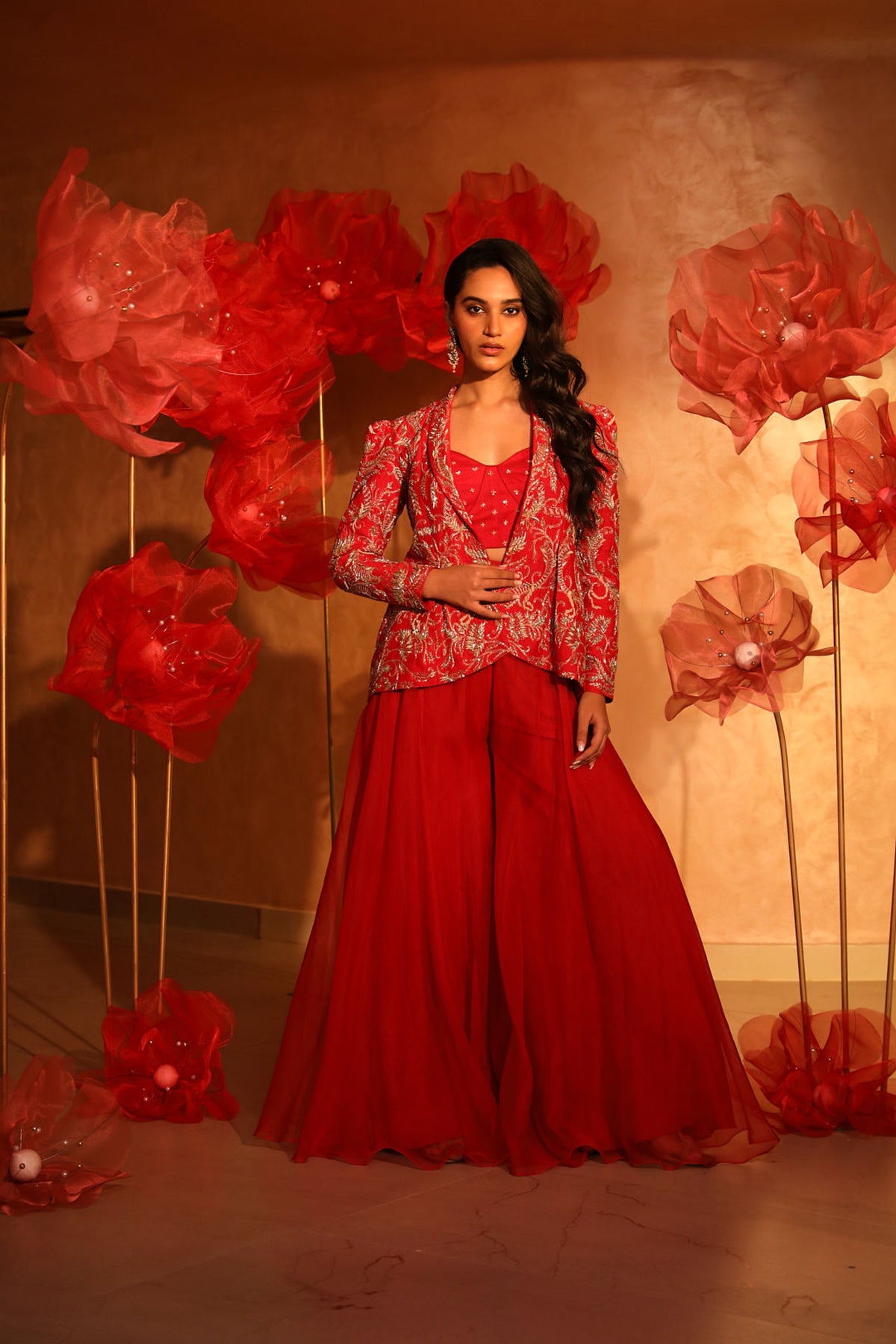 Radiant red plazzo set with embroided jacket