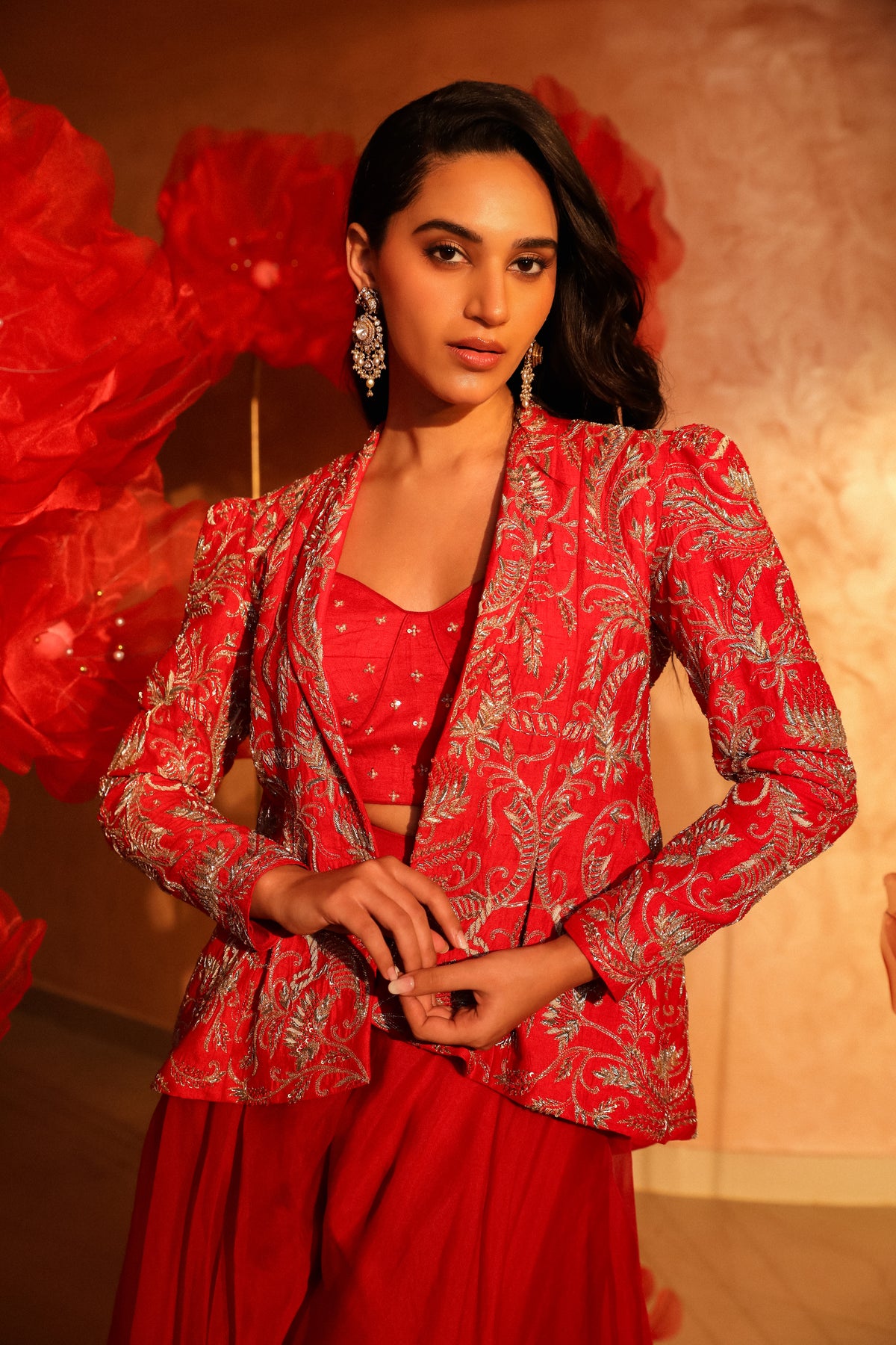 Radiant red plazzo set with embroided jacket