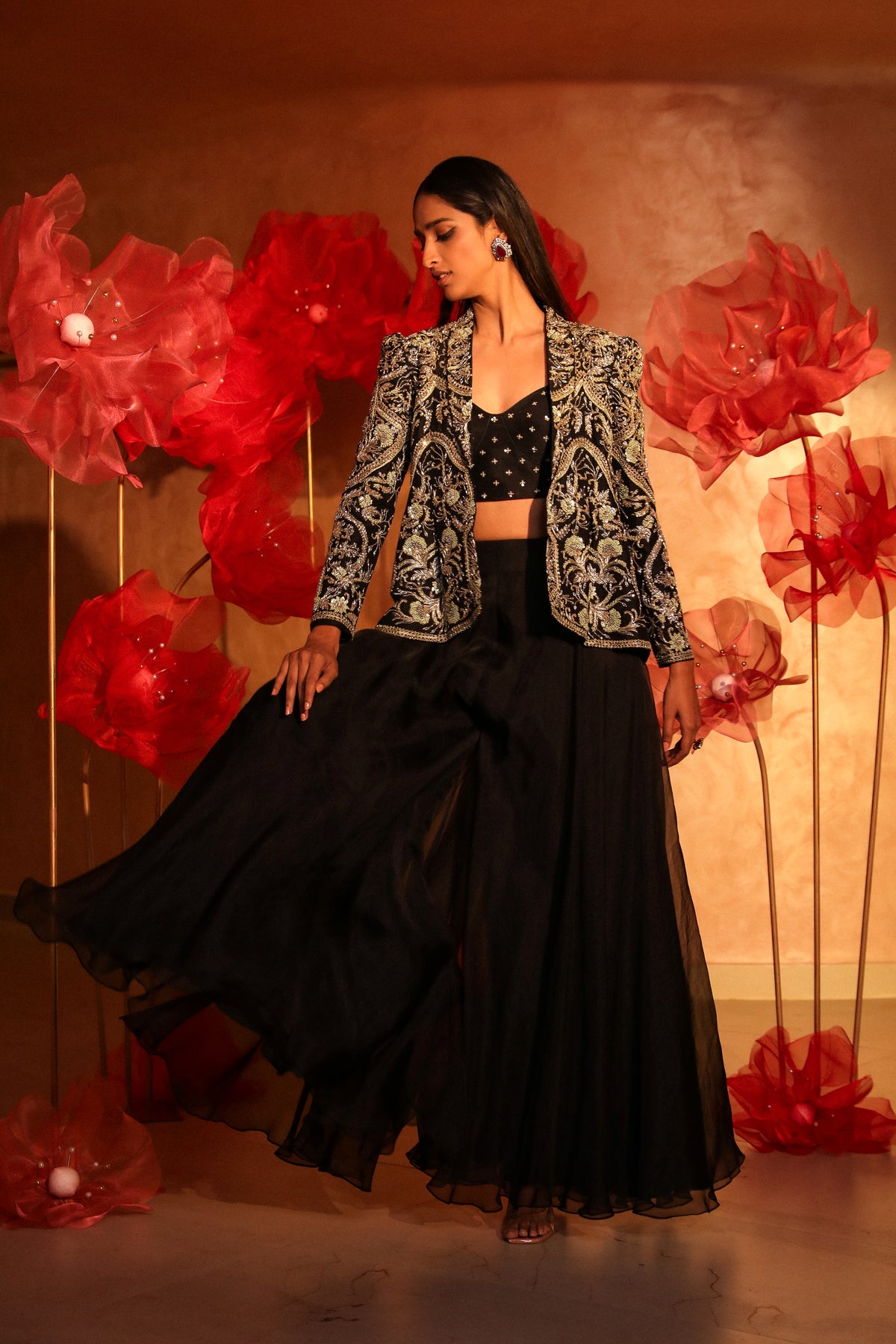 Classy black plazzo set with embroided jacket