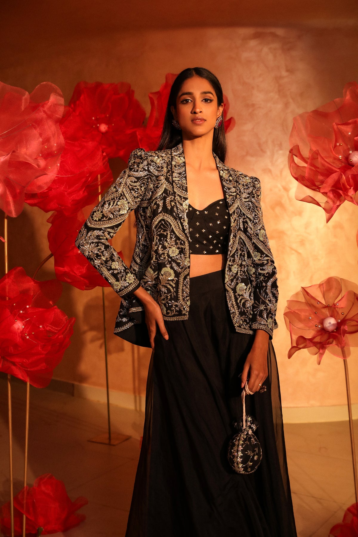 Classy black plazzo set with embroided jacket