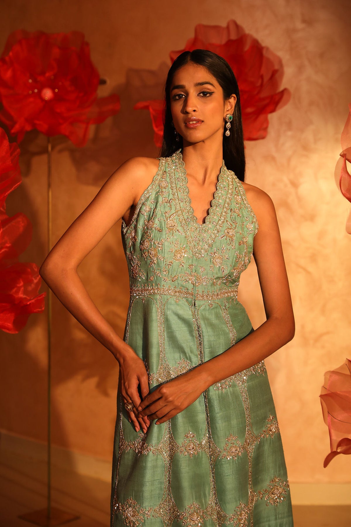 Ablaze agate green embroided kurta set