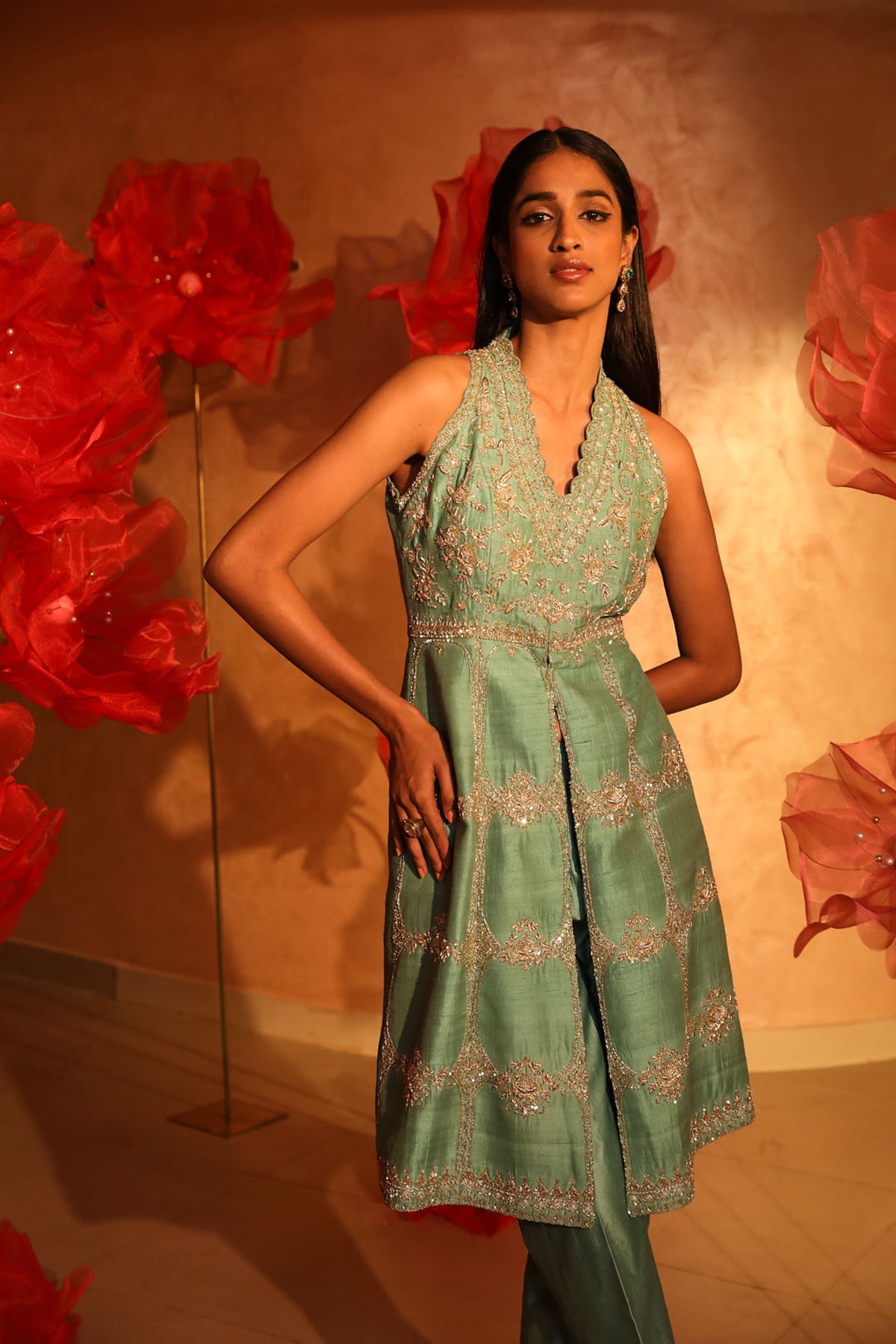 Ablaze agate green embroided kurta set