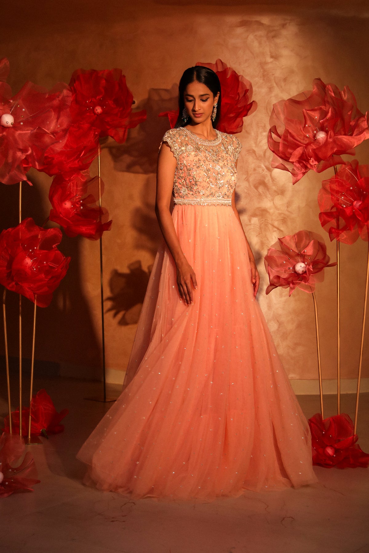 Peotic peach embroided gown