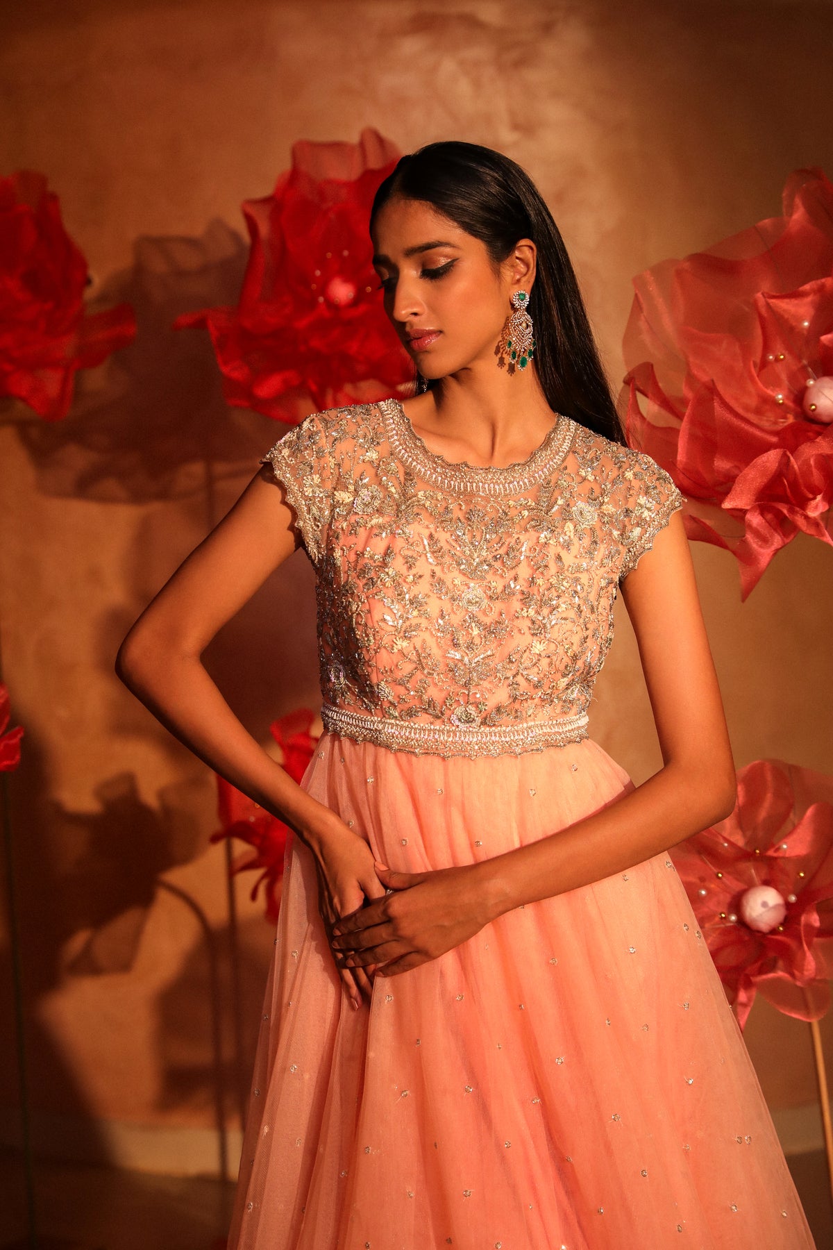 Peotic peach embroided gown