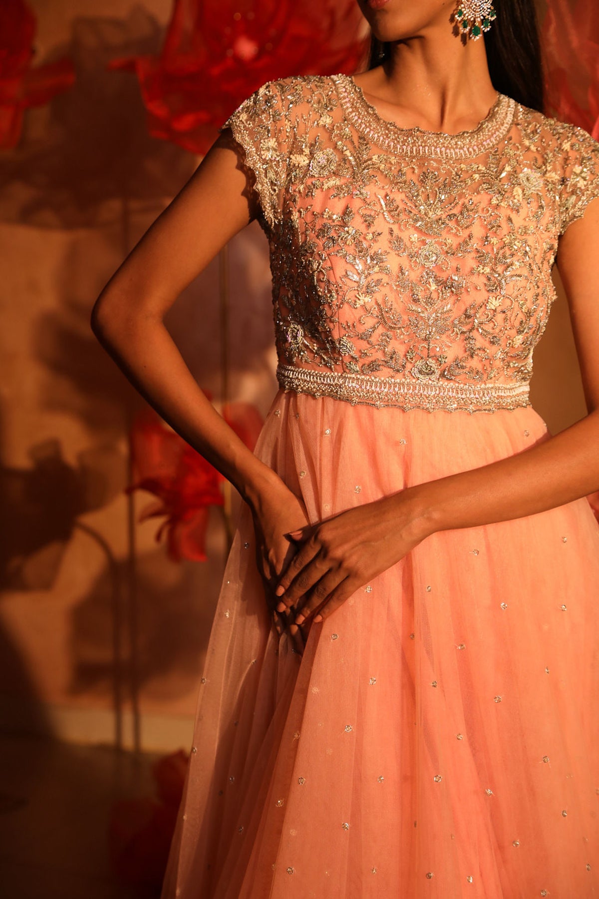 Peotic peach embroided gown