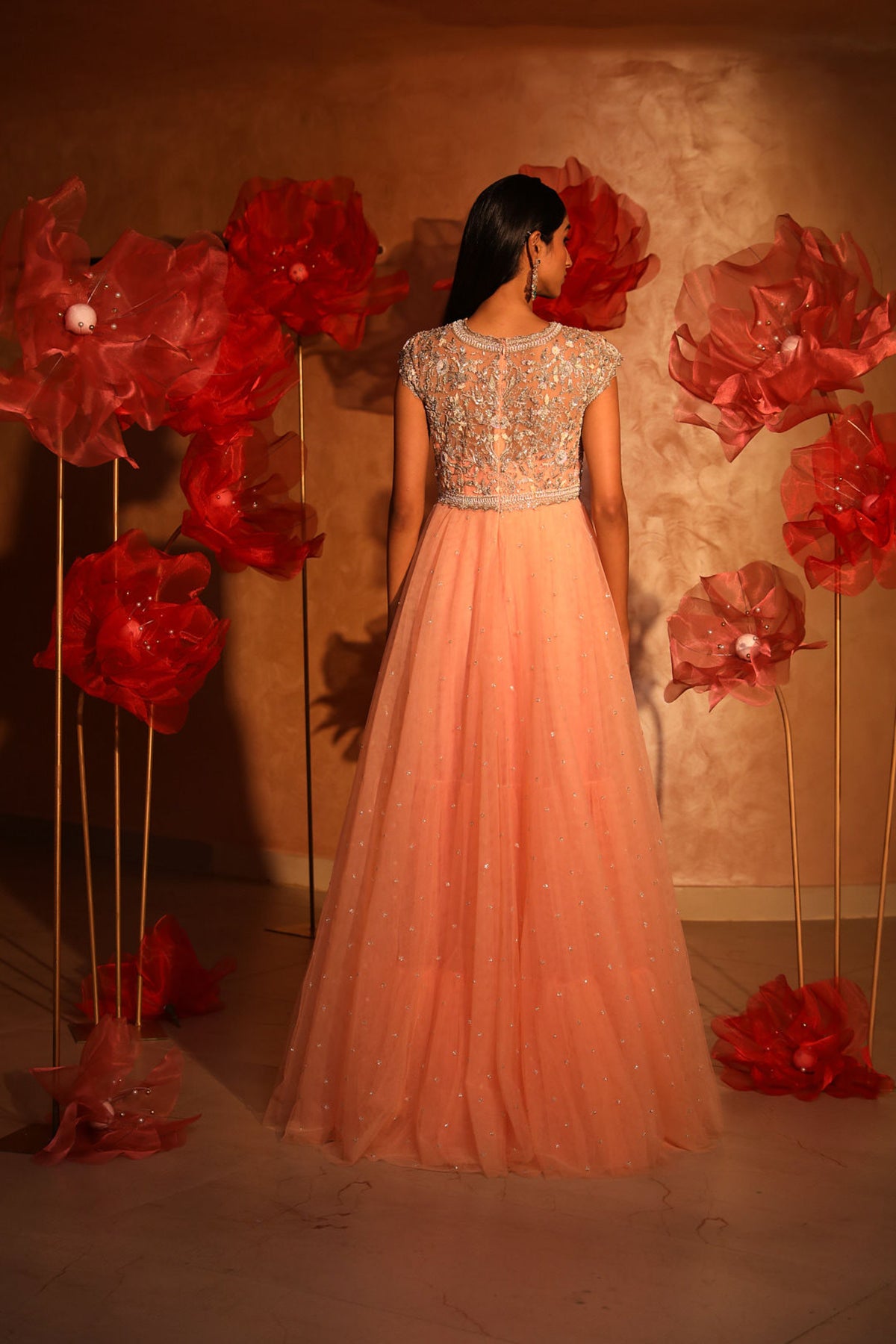 Peotic peach embroided gown