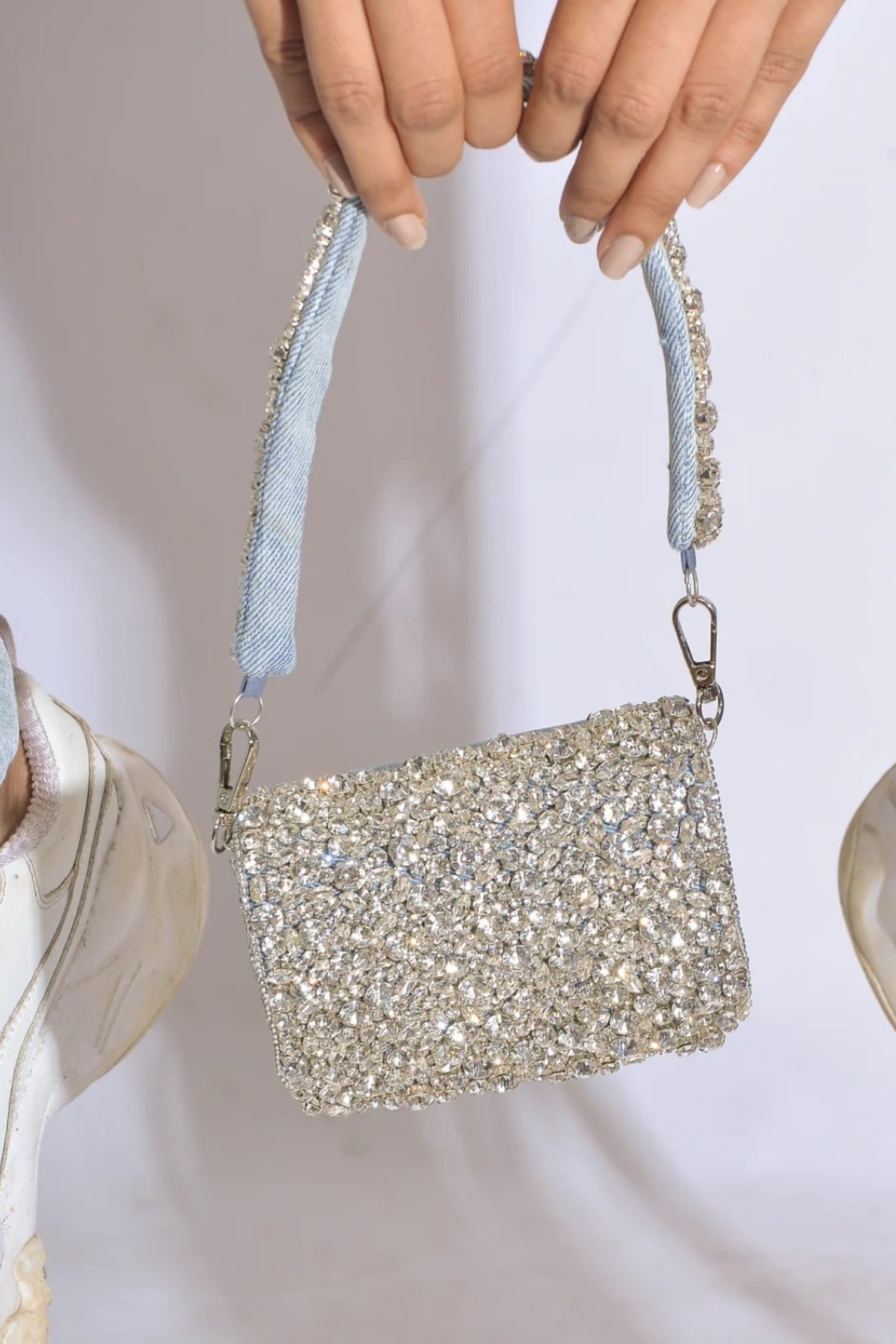 Denim Rhinestone Mini Flap Bag