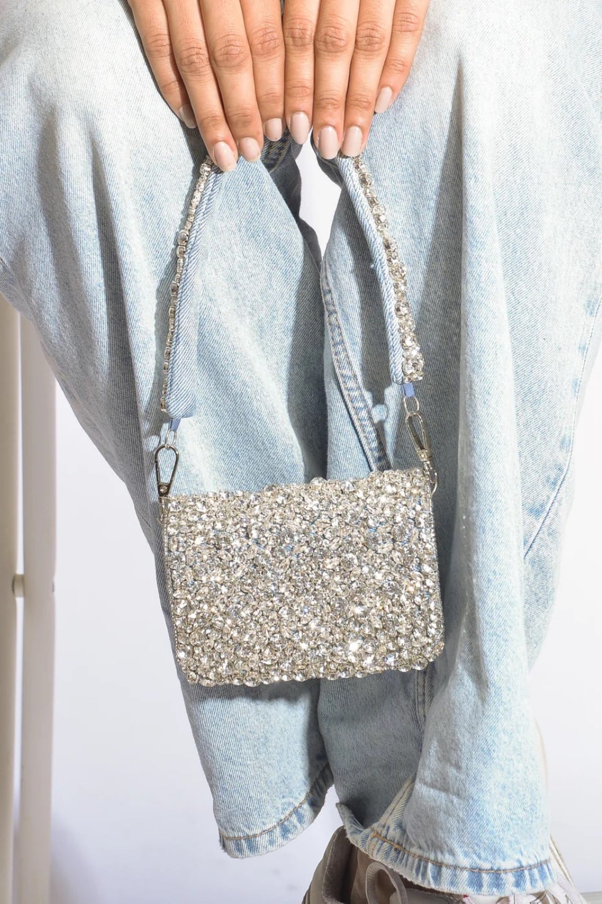 Denim Rhinestone Mini Flap Bag