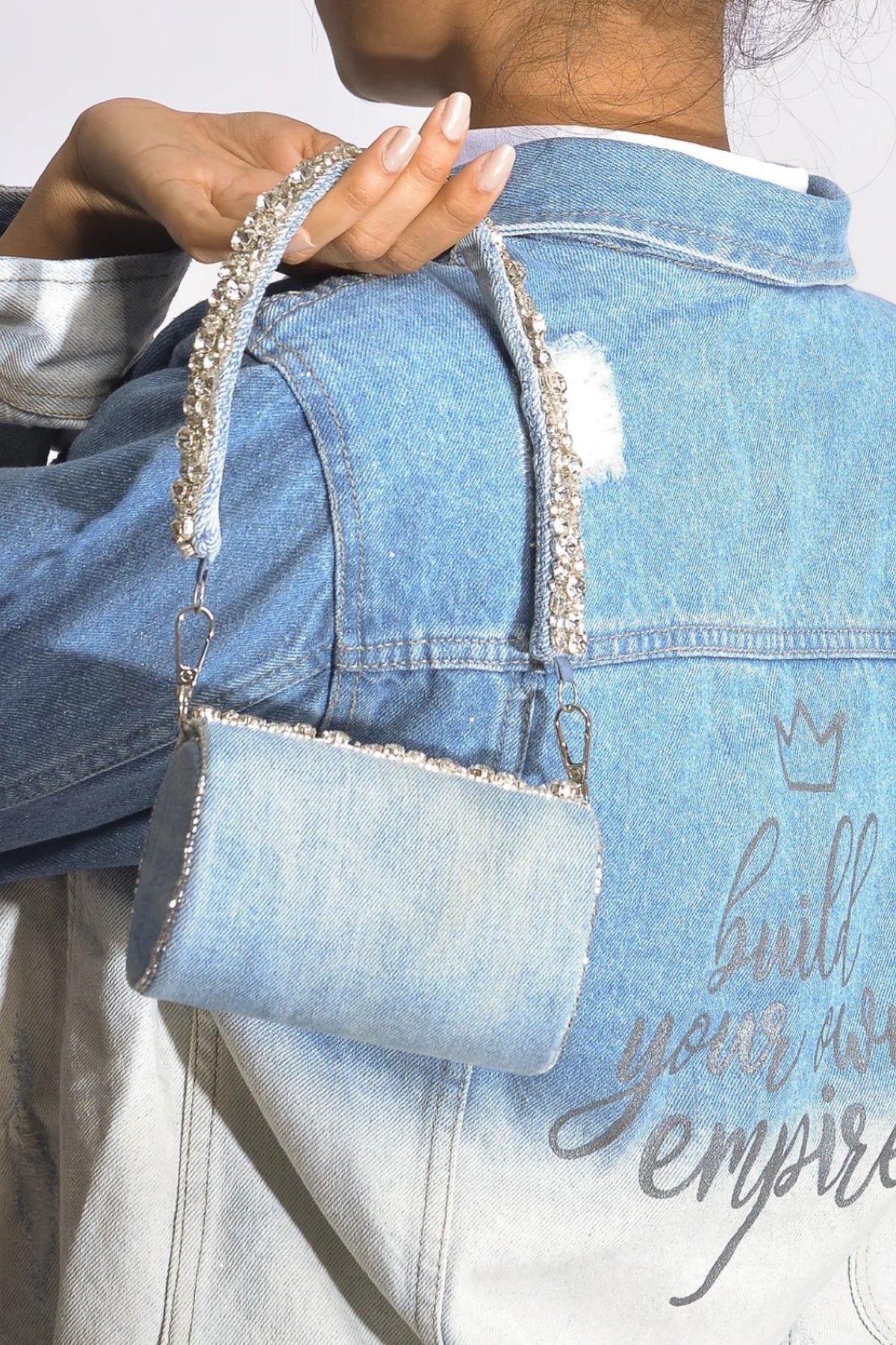 Denim Rhinestone Mini Flap Bag