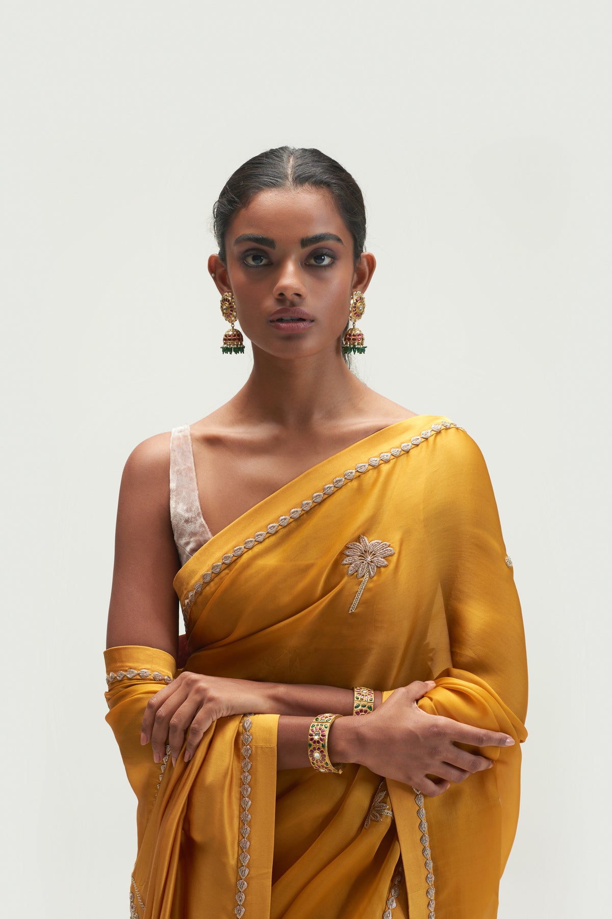 Coconut Palm Embroidered Mustard Saree