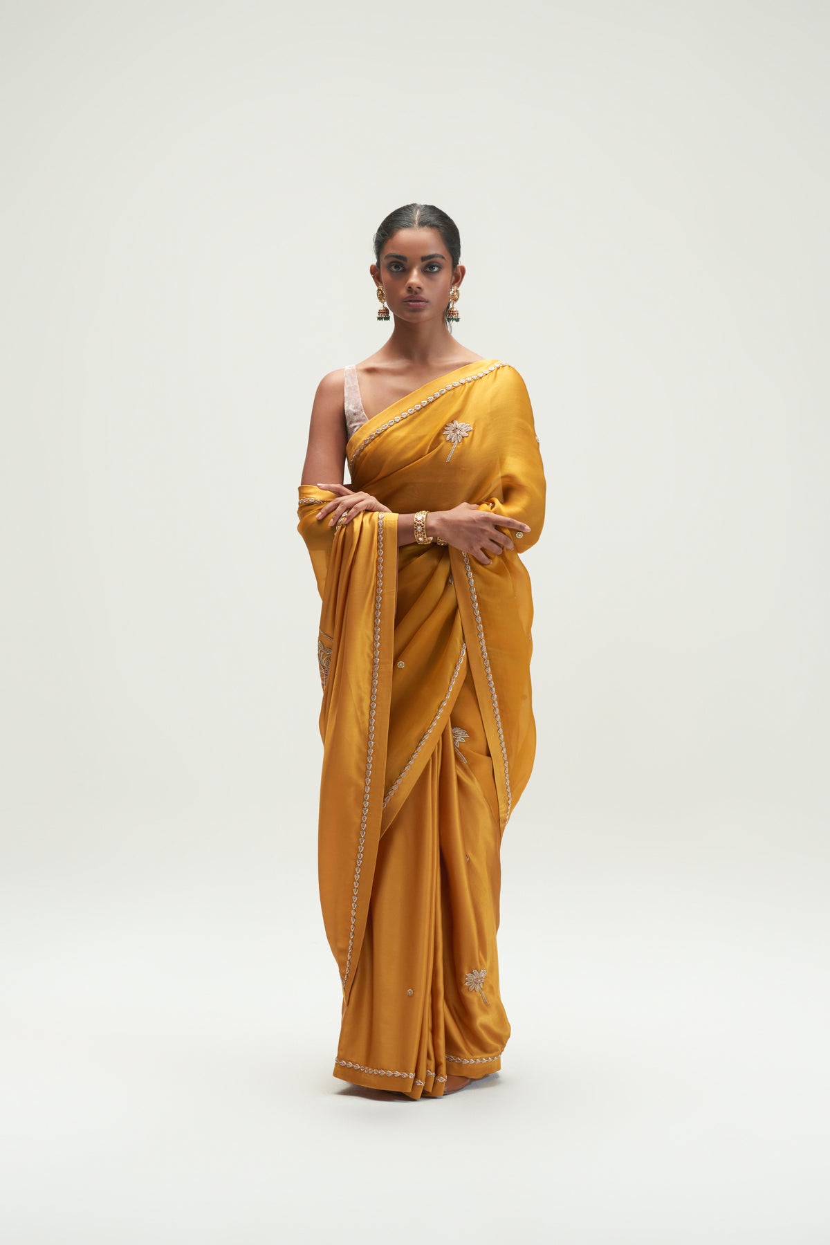 Coconut Palm Embroidered Mustard Saree