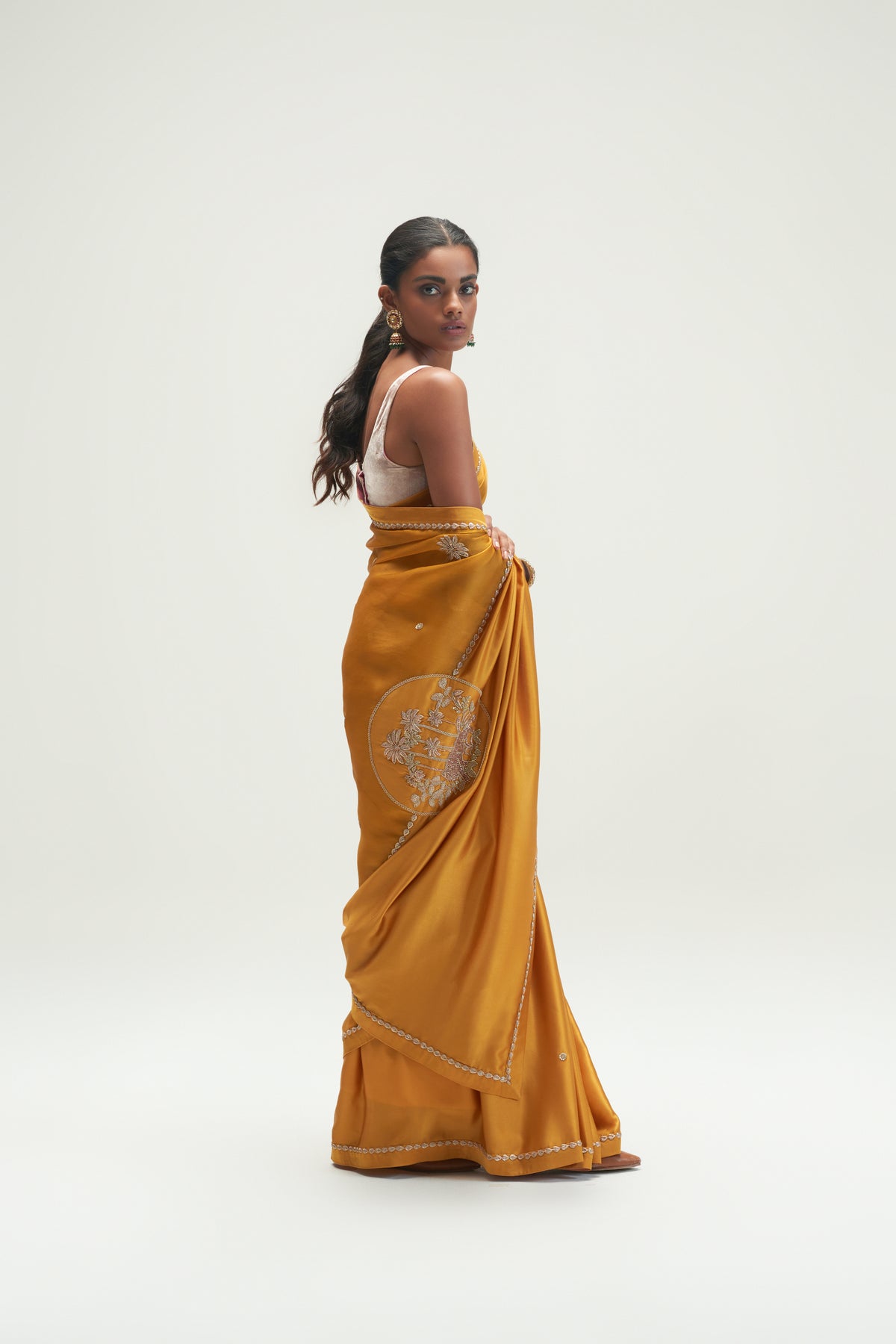 Coconut Palm Embroidered Mustard Saree