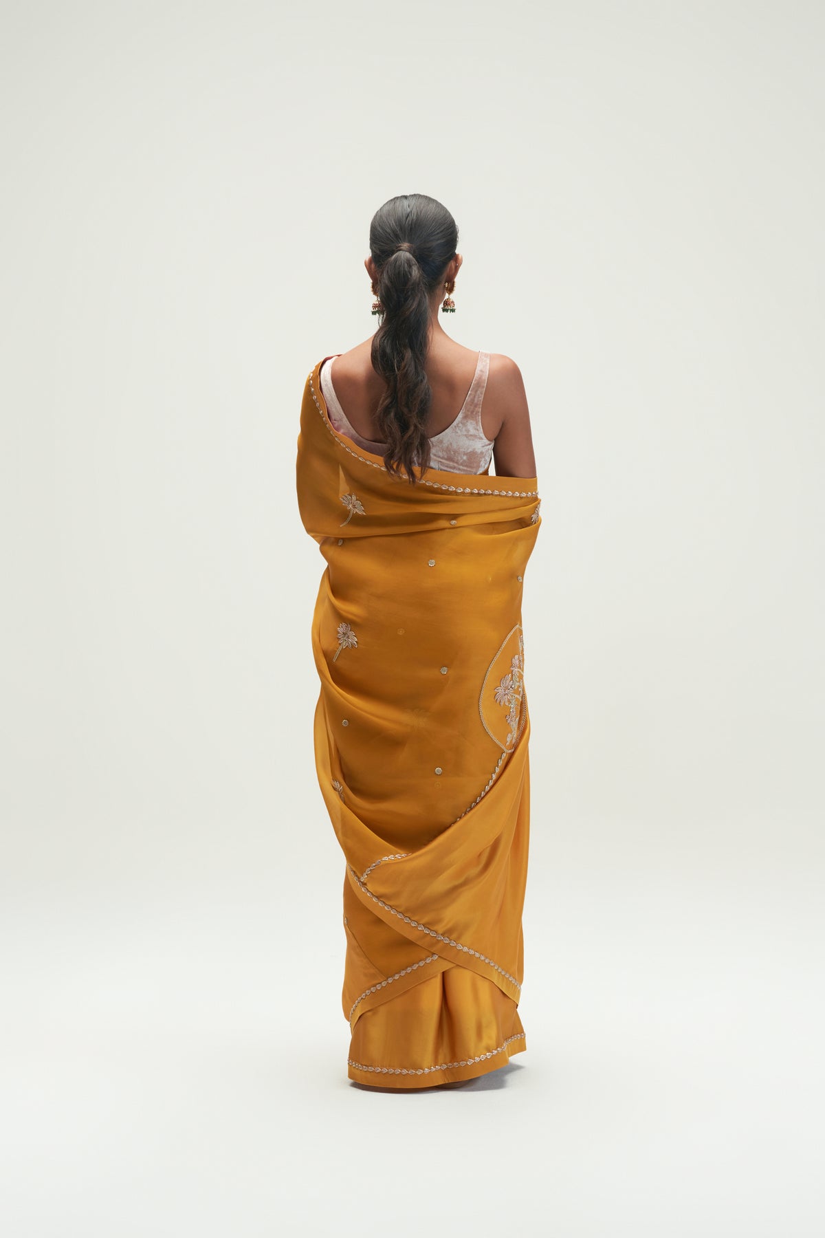 Coconut Palm Embroidered Mustard Saree