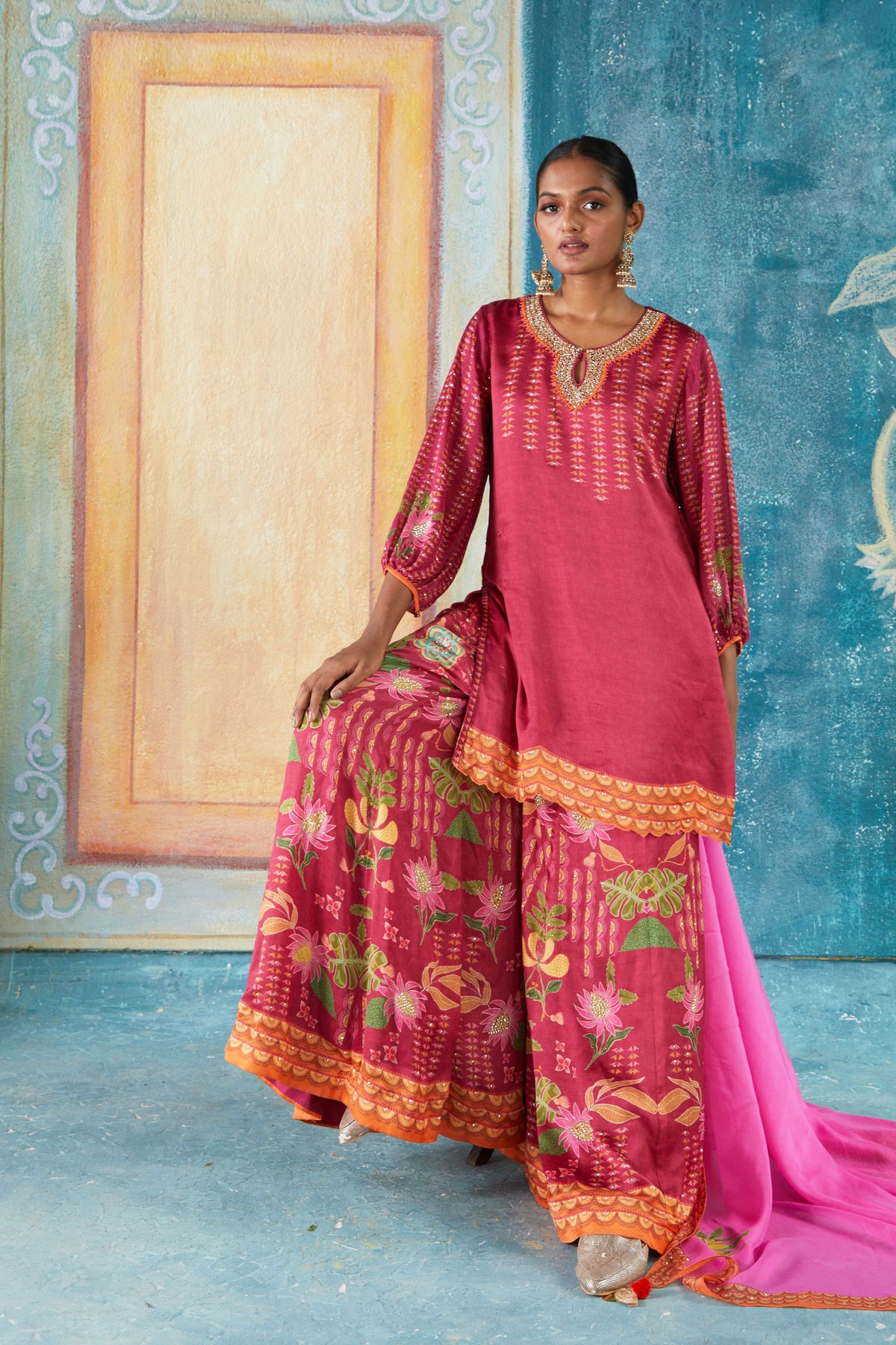 Plum printed sharara set